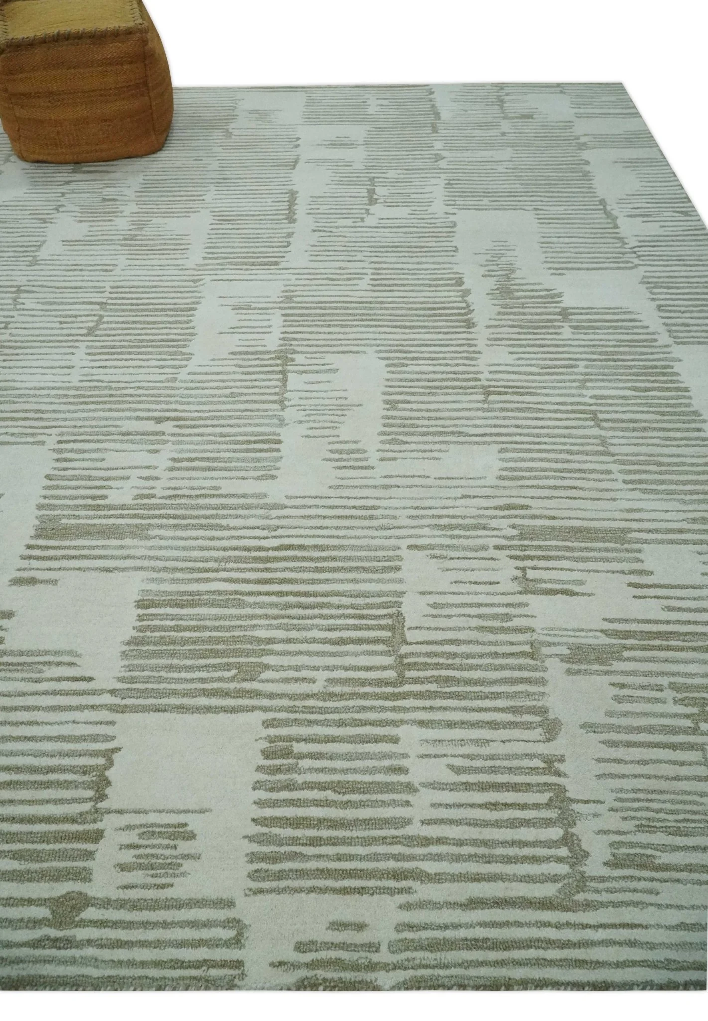 Ivory and Olive Modern Stripes Design Hand Tufted 8x10 wool Area Rug, Kids, Living Room and Bedroom Rug - Image 3
