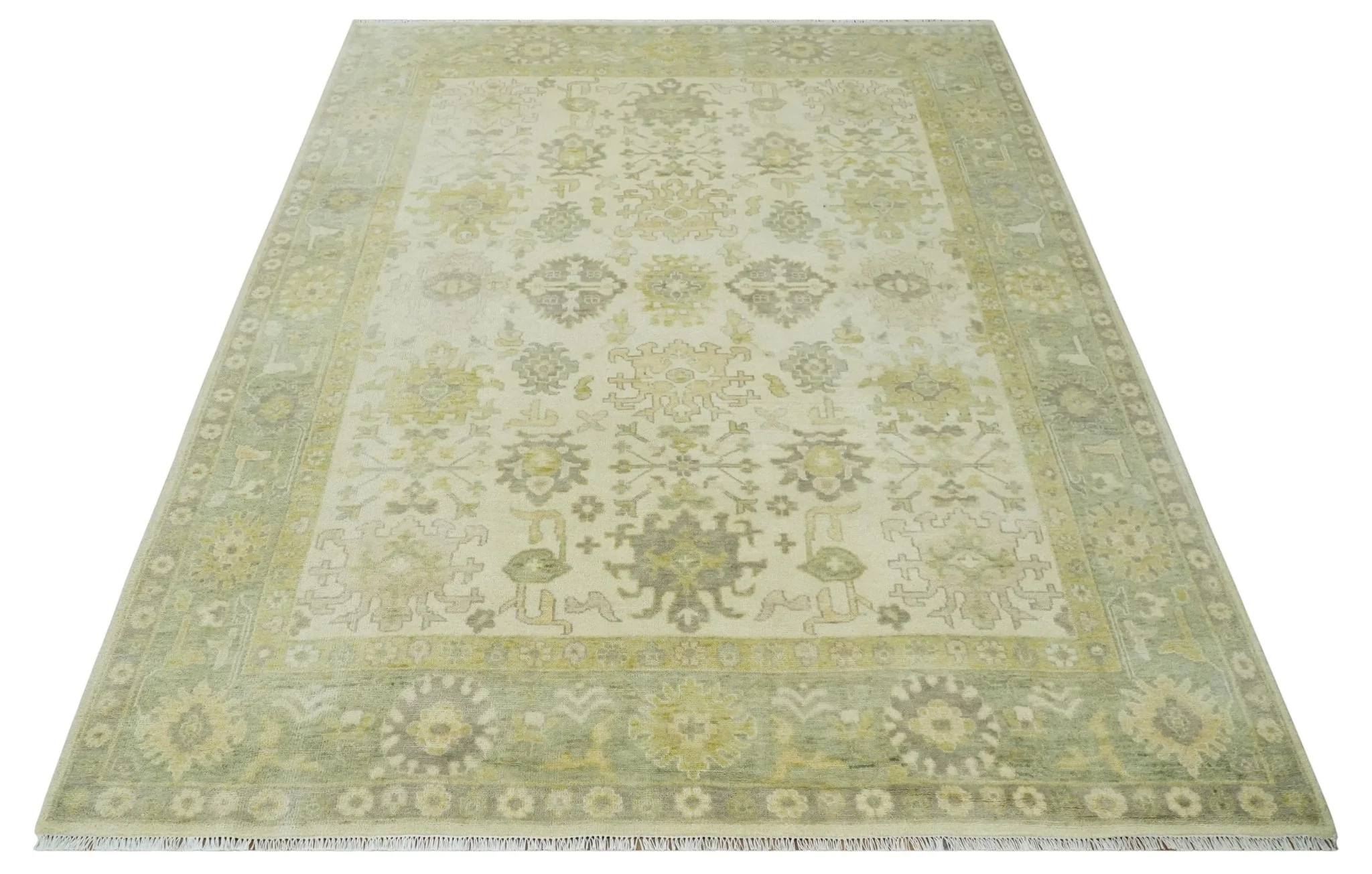 Earthy Ivory and Olive 9x12 Traditional Antique Finish Hand knotted Wool Area Rug - Image 10