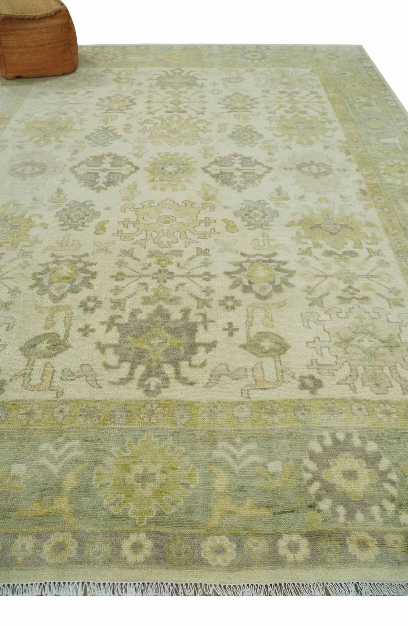 Earthy Ivory and Olive 9x12 Traditional Antique Finish Hand knotted Wool Area Rug - Image 3