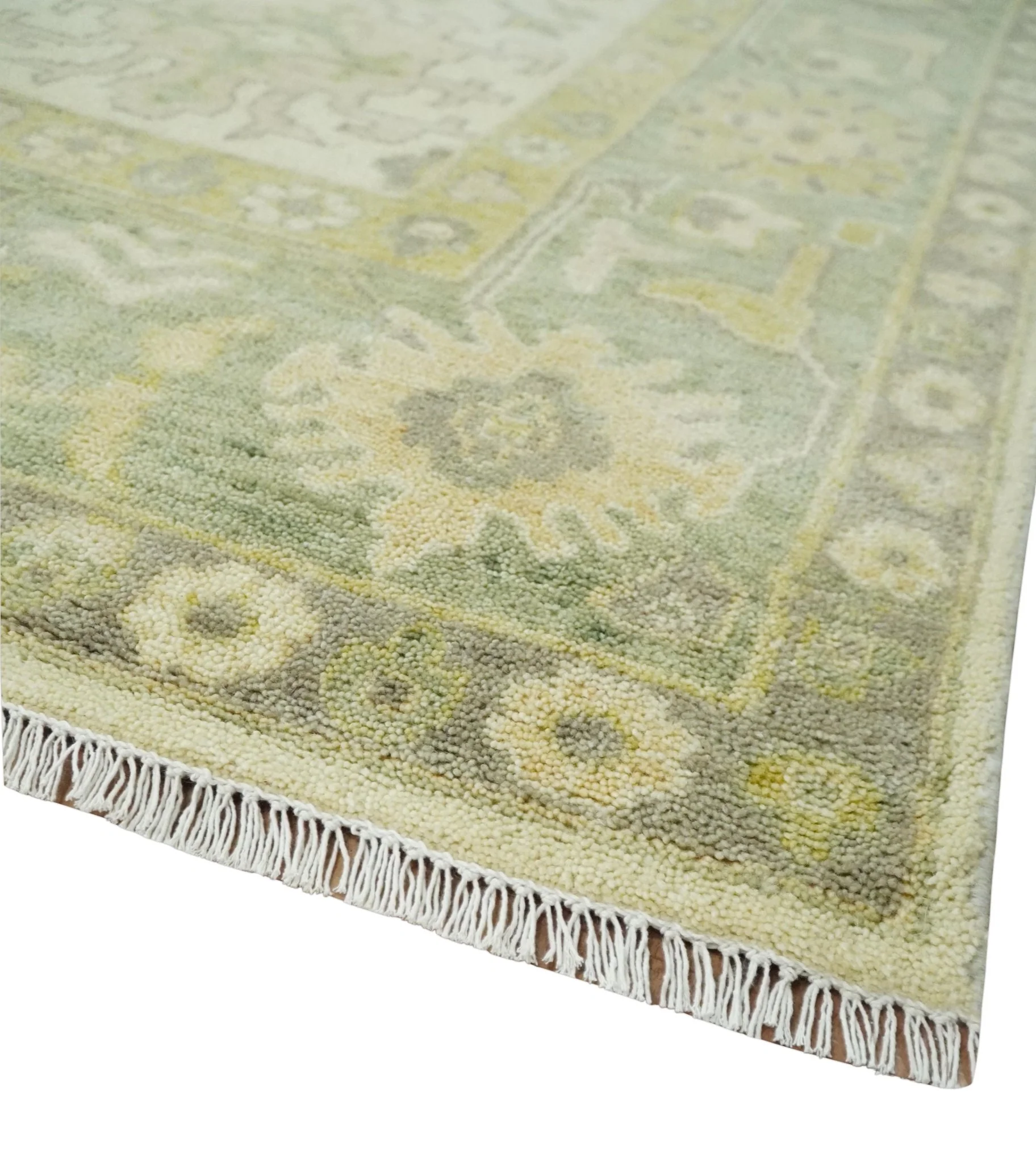 Earthy Ivory and Olive 9x12 Traditional Antique Finish Hand knotted Wool Area Rug - Image 5