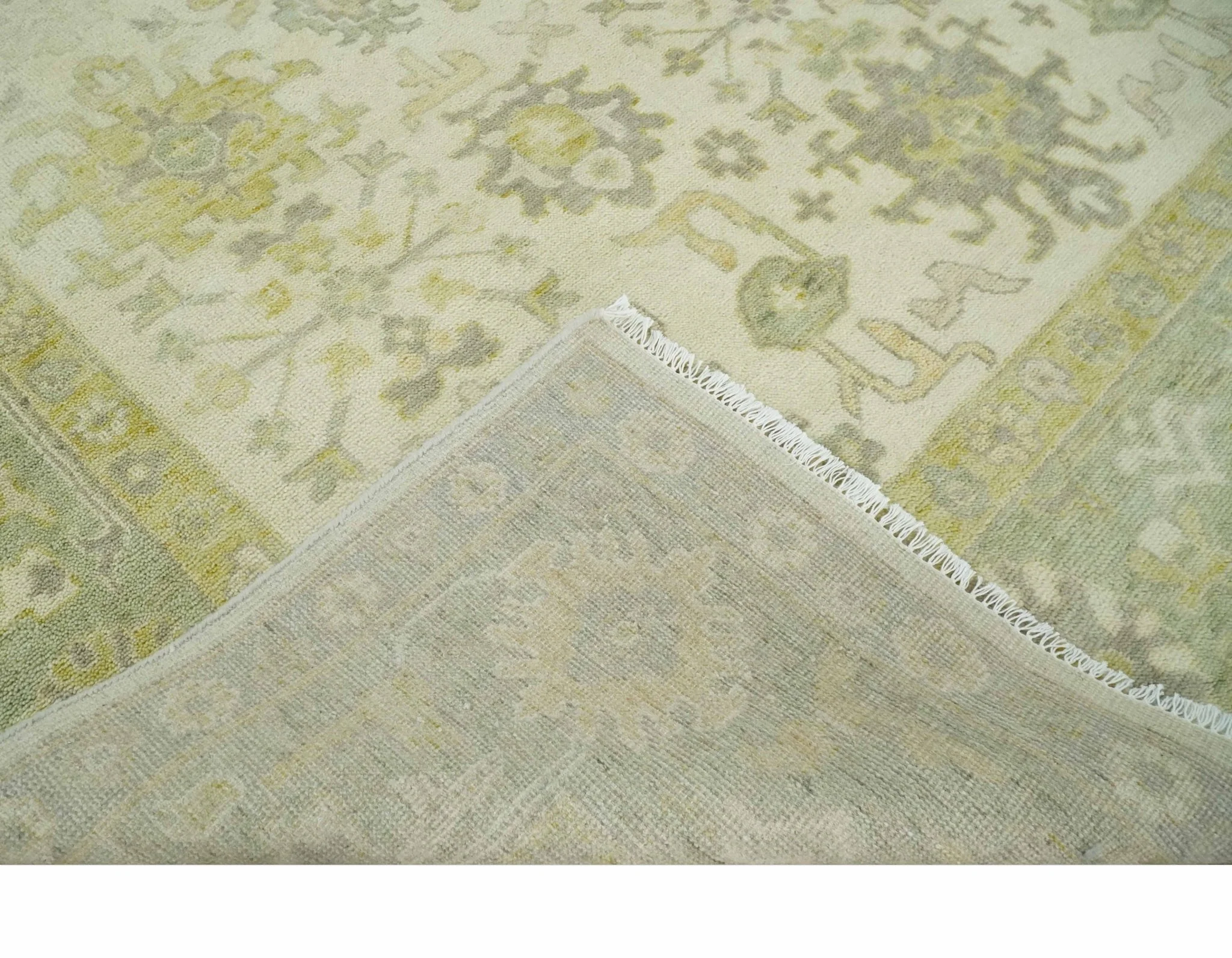 Earthy Ivory and Olive 9x12 Traditional Antique Finish Hand knotted Wool Area Rug - Image 6