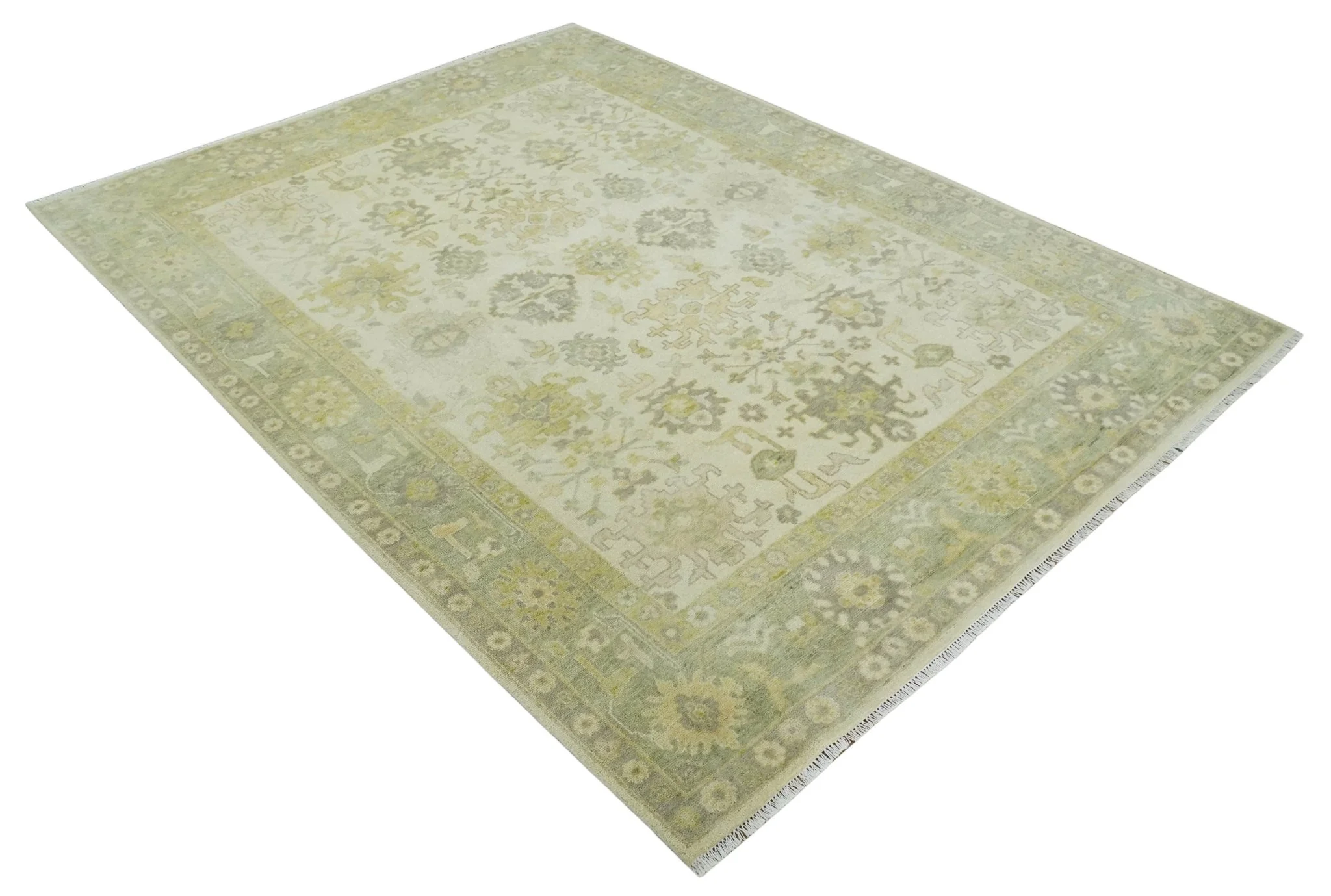 Earthy Ivory and Olive 9x12 Traditional Antique Finish Hand knotted Wool Area Rug - Image 9
