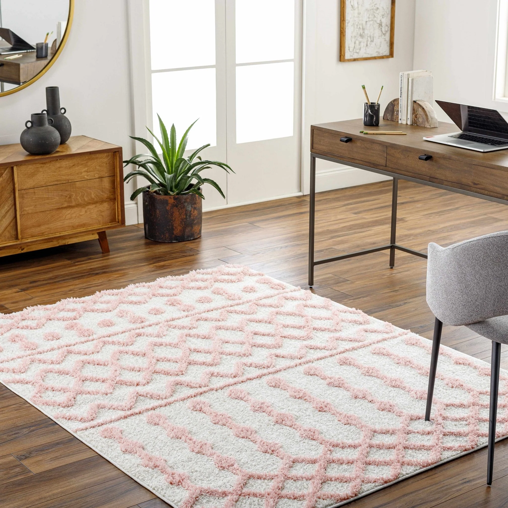 Ivory and Peach Tribal Design High low Texture Plush Pile  Area Rug - Image 12