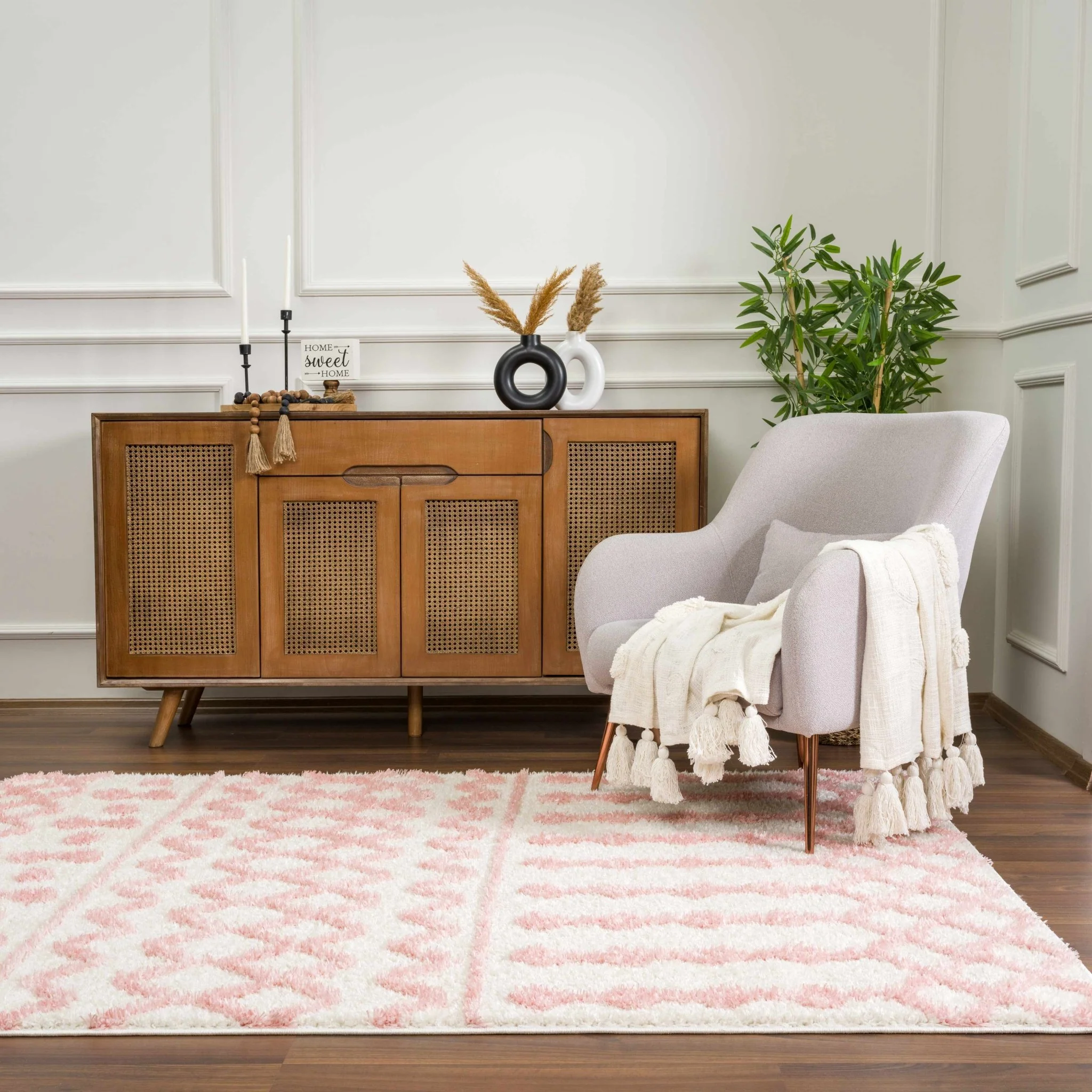 Ivory and Peach Tribal Design High low Texture Plush Pile  Area Rug - Image 23