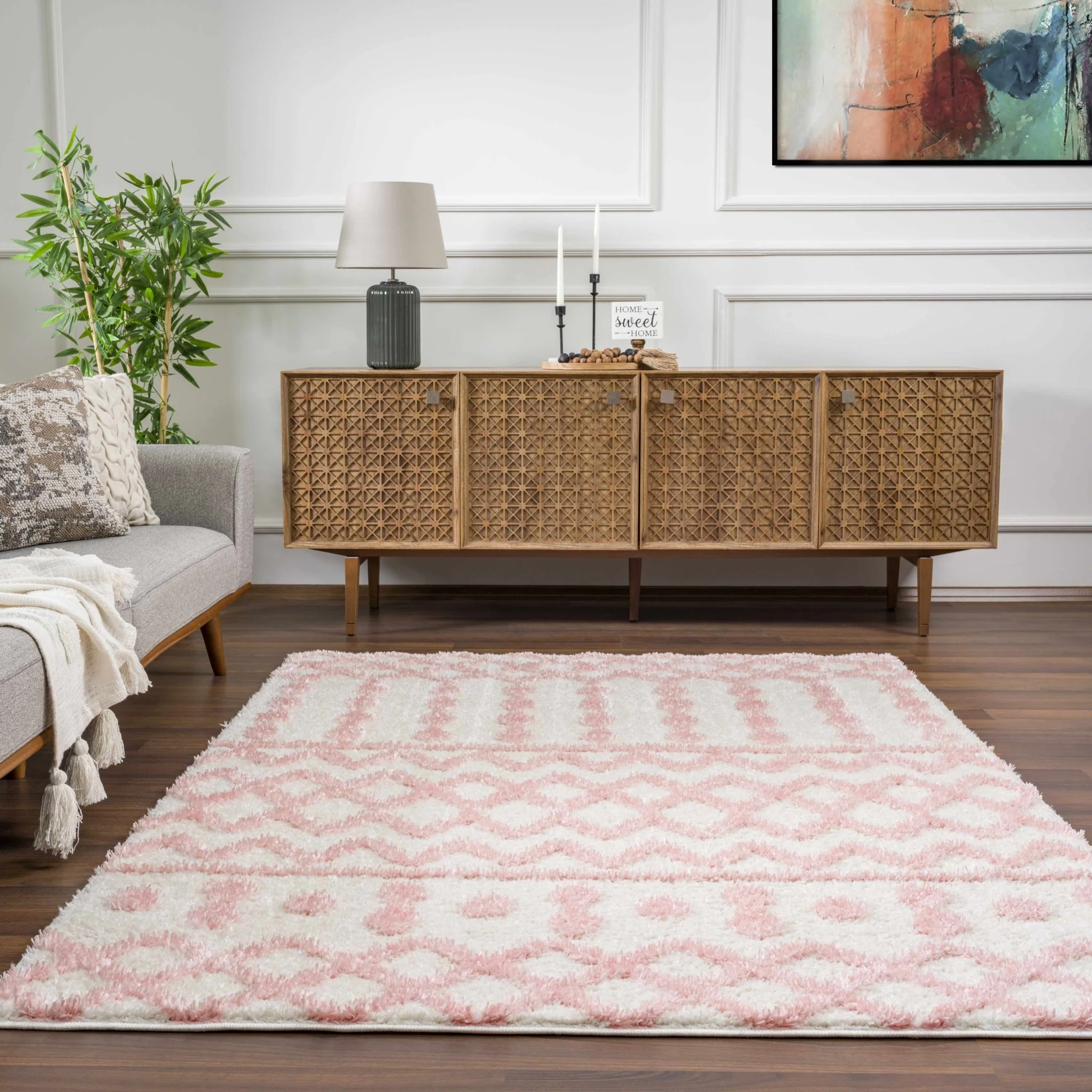 Ivory and Peach Tribal Design High low Texture Plush Pile  Area Rug - Image 3