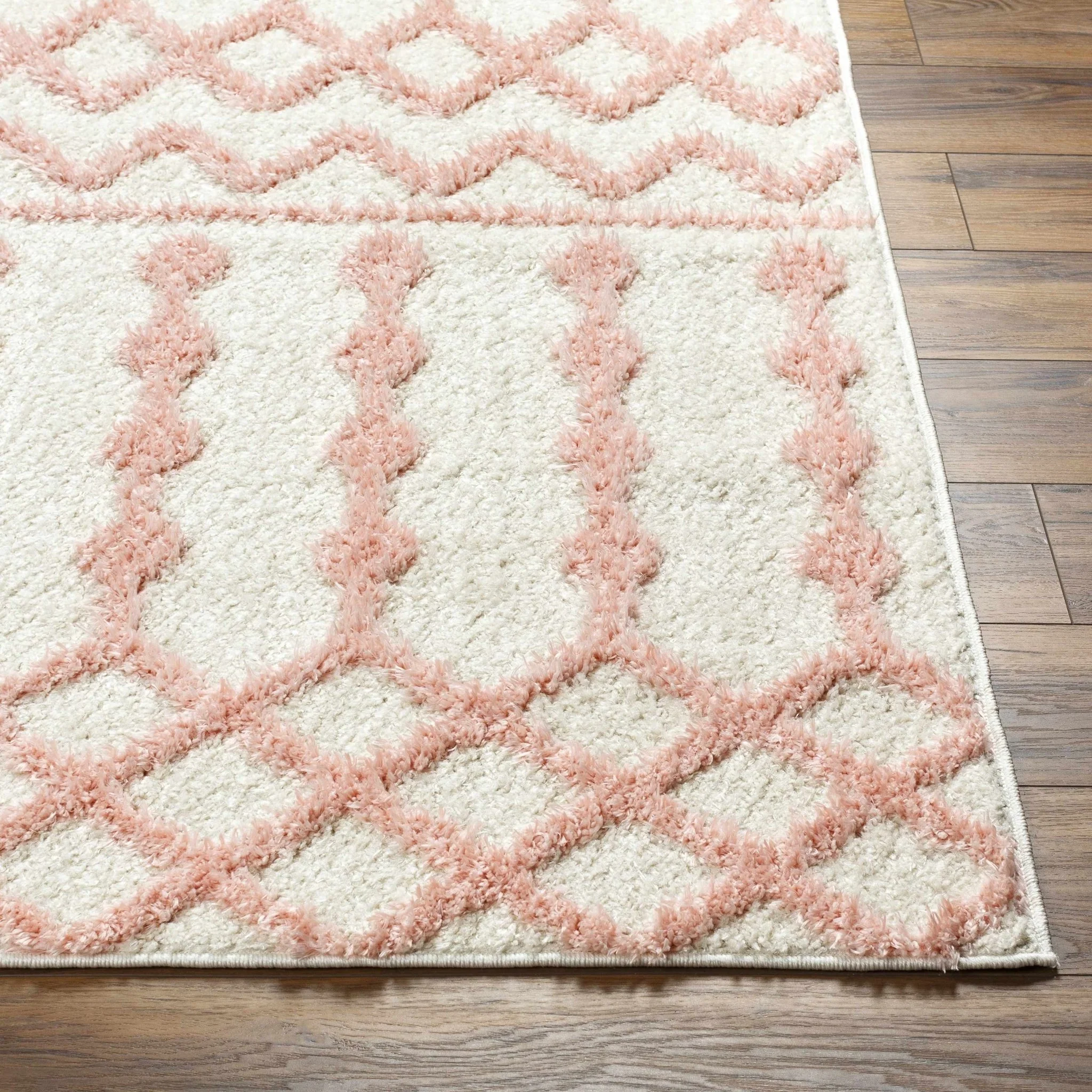 Ivory and Peach Tribal Design High low Texture Plush Pile  Area Rug - Image 5