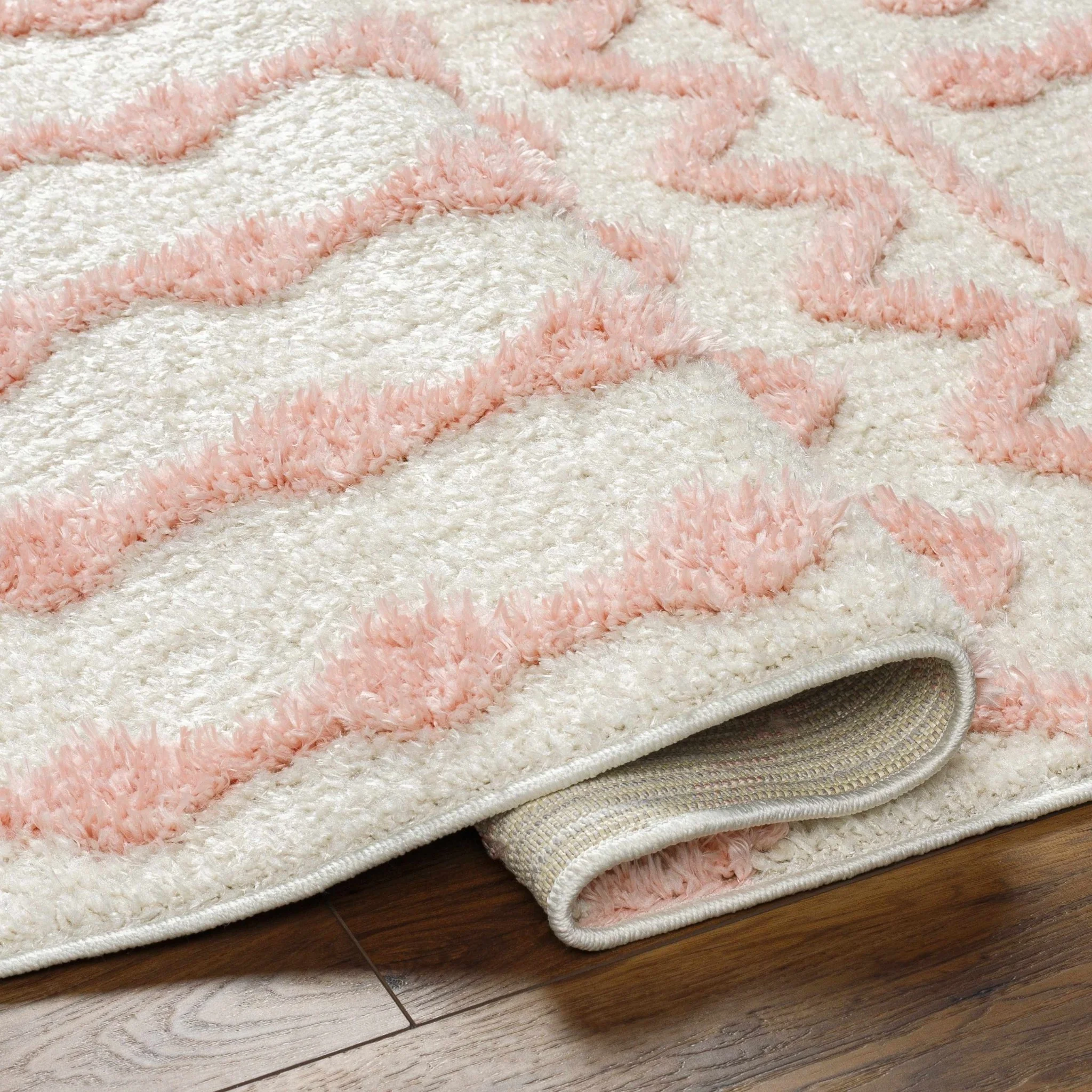 Ivory and Peach Tribal Design High low Texture Plush Pile  Area Rug - Image 8
