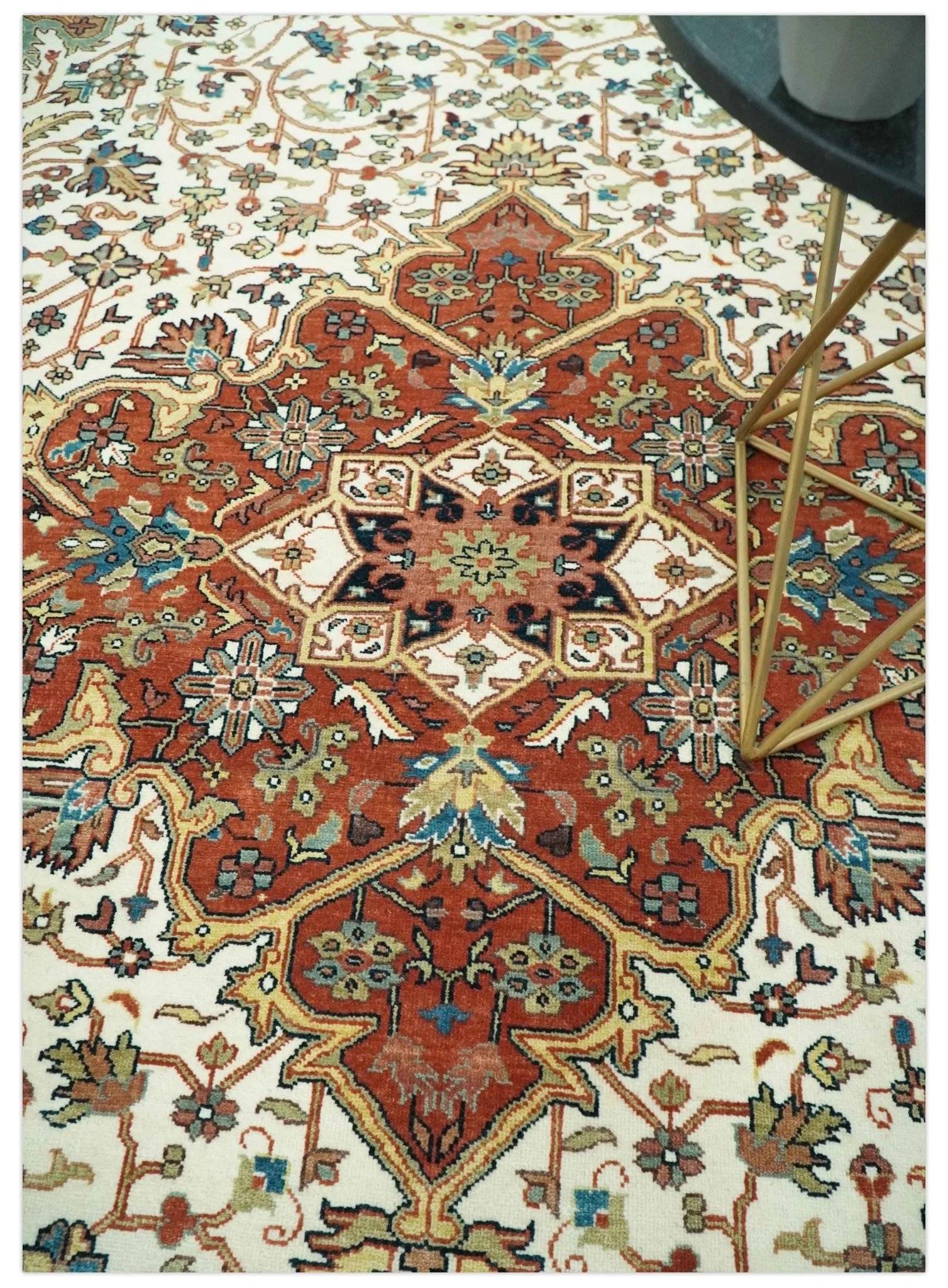 Premium Fine Floral Ivory and Rust Traditional Heriz 9x12 Hand Knotted wool area rug - Image 2