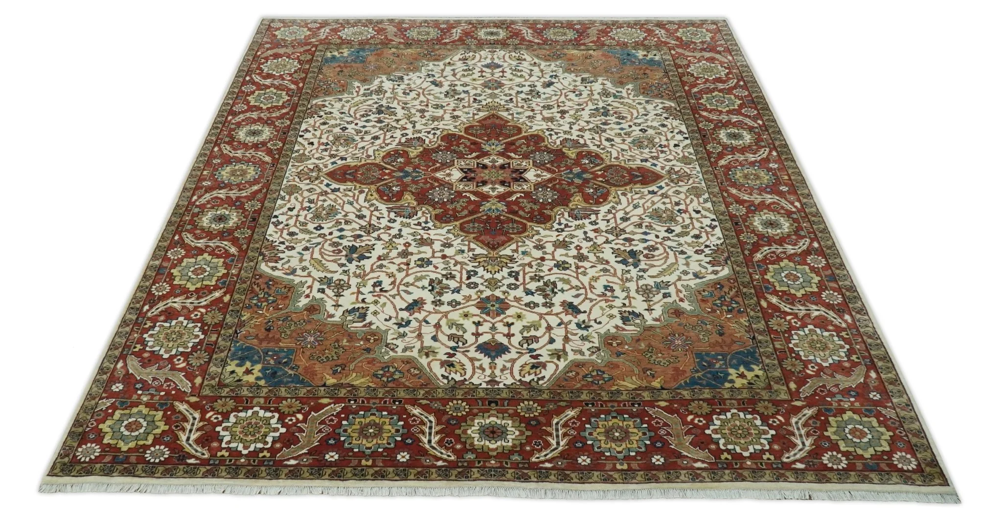 Premium Fine Floral Ivory and Rust Traditional Heriz 9x12 Hand Knotted wool area rug - Image 3