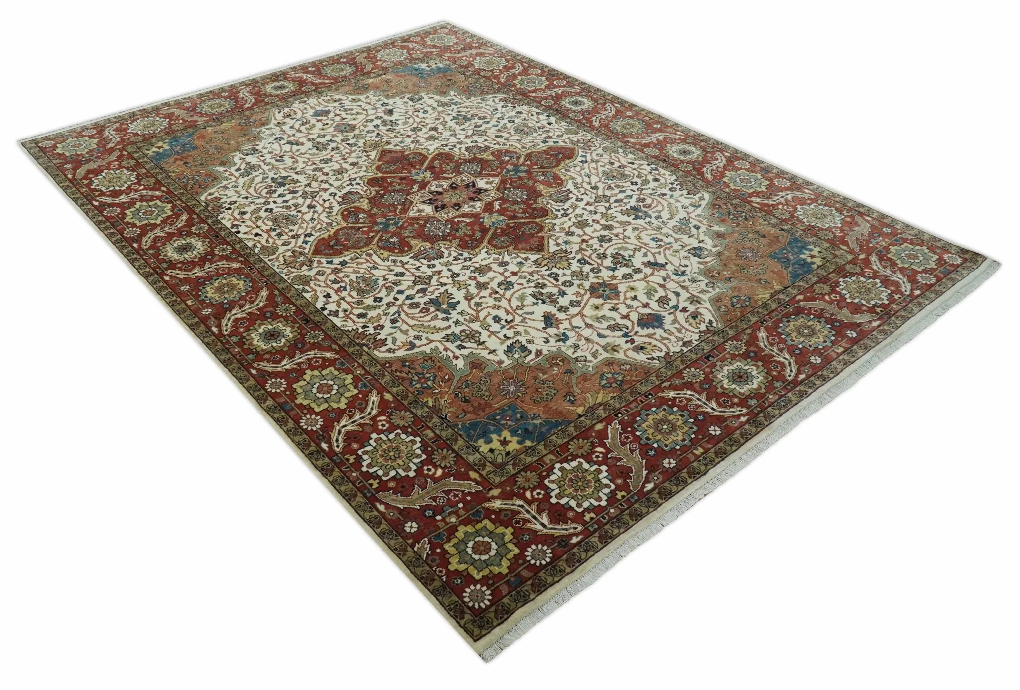 Premium Fine Floral Ivory and Rust Traditional Heriz 9x12 Hand Knotted wool area rug - Image 4