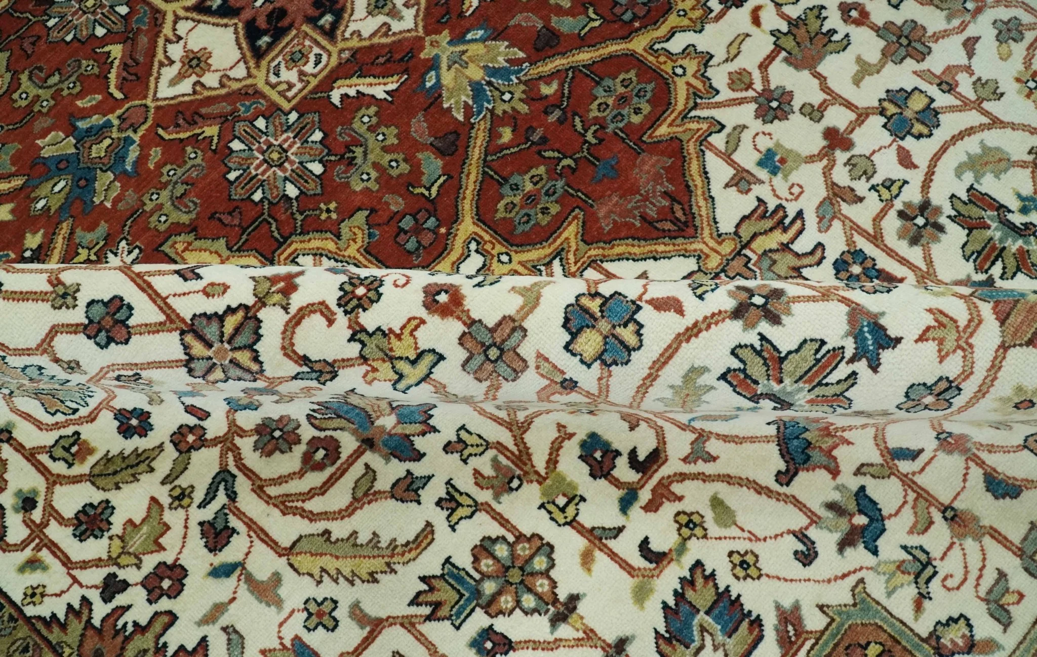 Premium Fine Floral Ivory and Rust Traditional Heriz 9x12 Hand Knotted wool area rug - Image 5