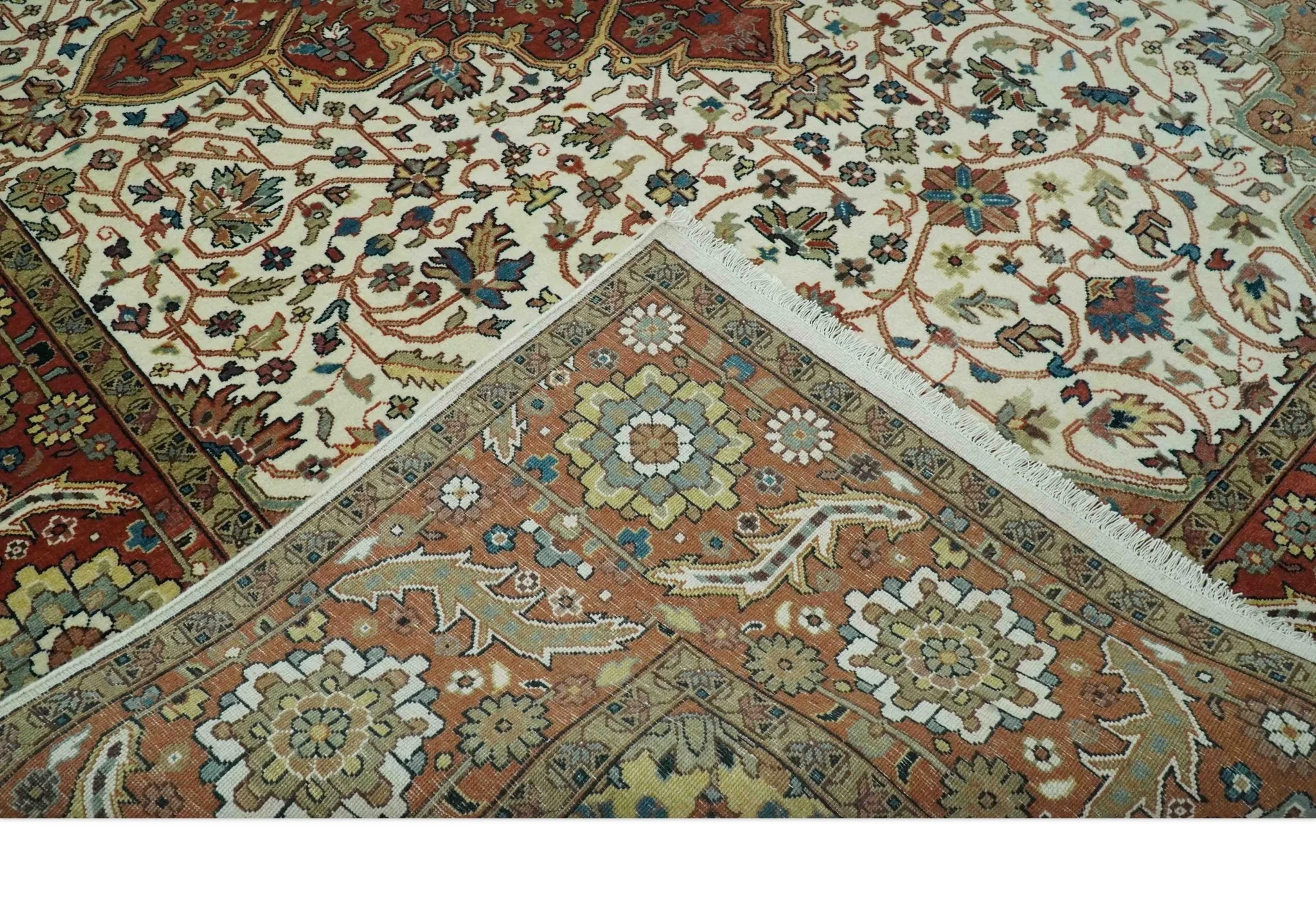 Premium Fine Floral Ivory and Rust Traditional Heriz 9x12 Hand Knotted wool area rug - Image 7