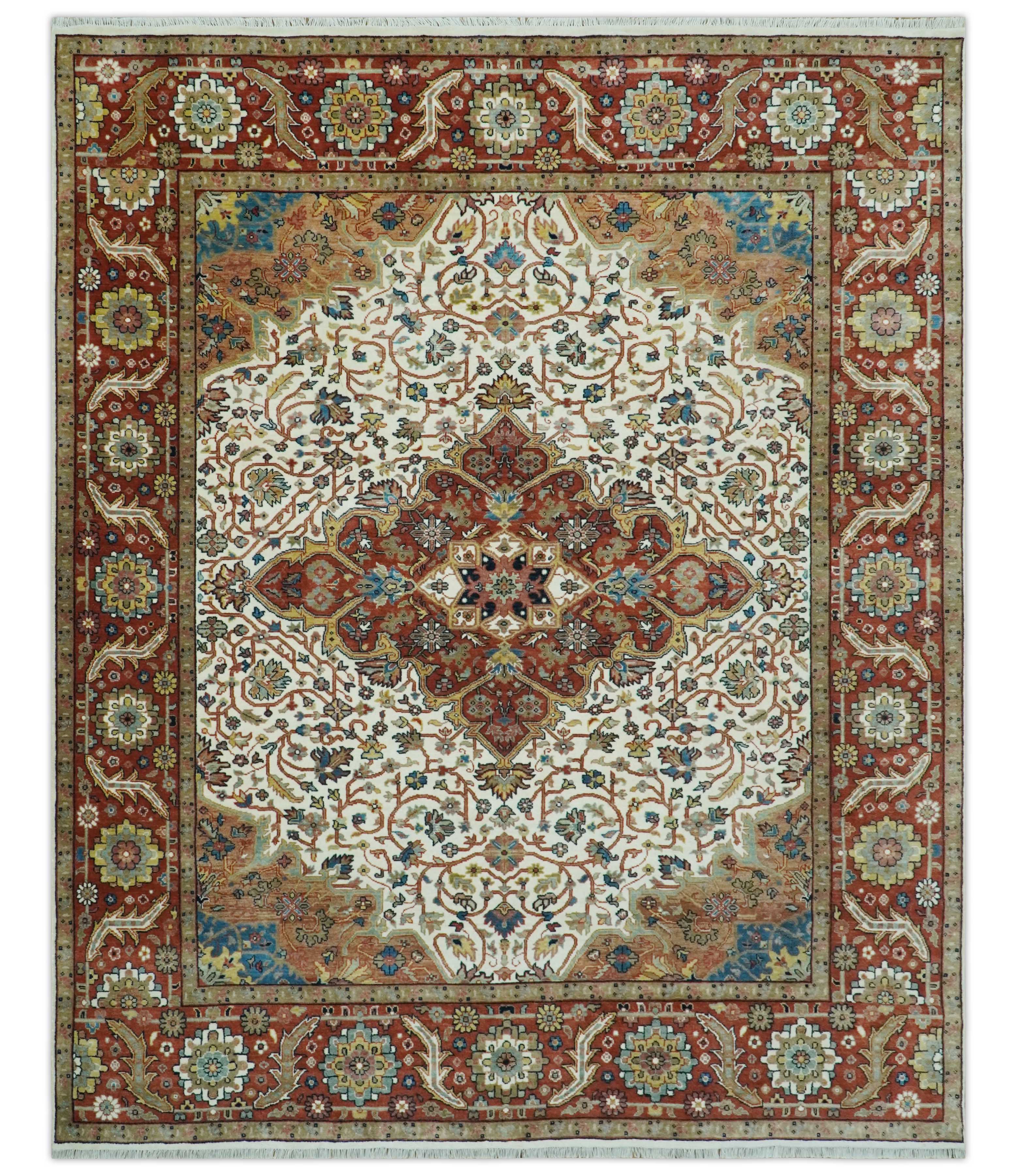 Premium Fine Floral Ivory and Rust Traditional Heriz 9x12 Hand Knotted wool area rug - Image 9