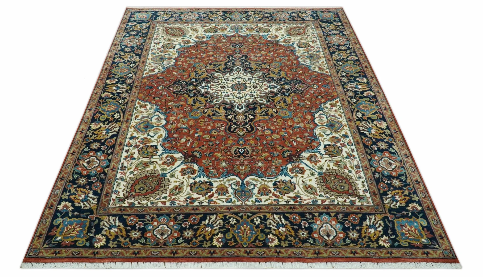 Premium Fine Hand Knotted Floral Rust, Ivory and Blue Traditional Heriz 8x10 wool area rug - Image 10