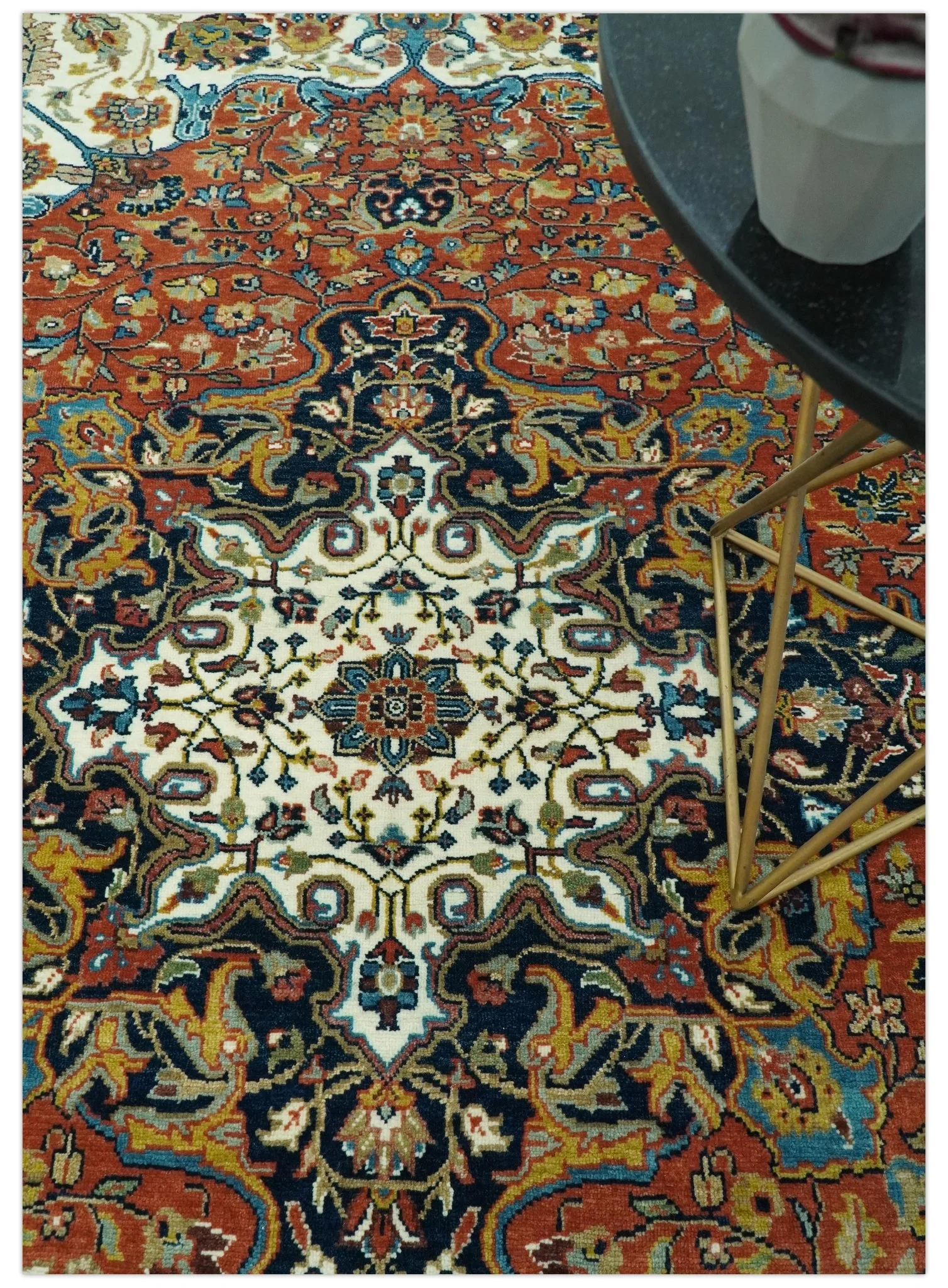 Premium Fine Hand Knotted Floral Rust, Ivory and Blue Traditional Heriz 8x10 wool area rug - Image 2
