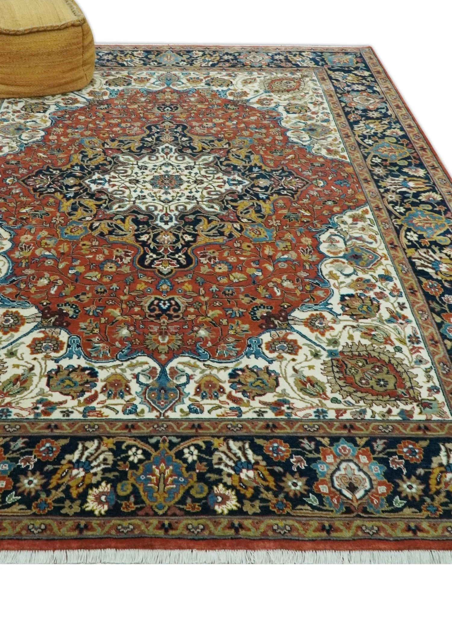 Premium Fine Hand Knotted Floral Rust, Ivory and Blue Traditional Heriz 8x10 wool area rug - Image 3