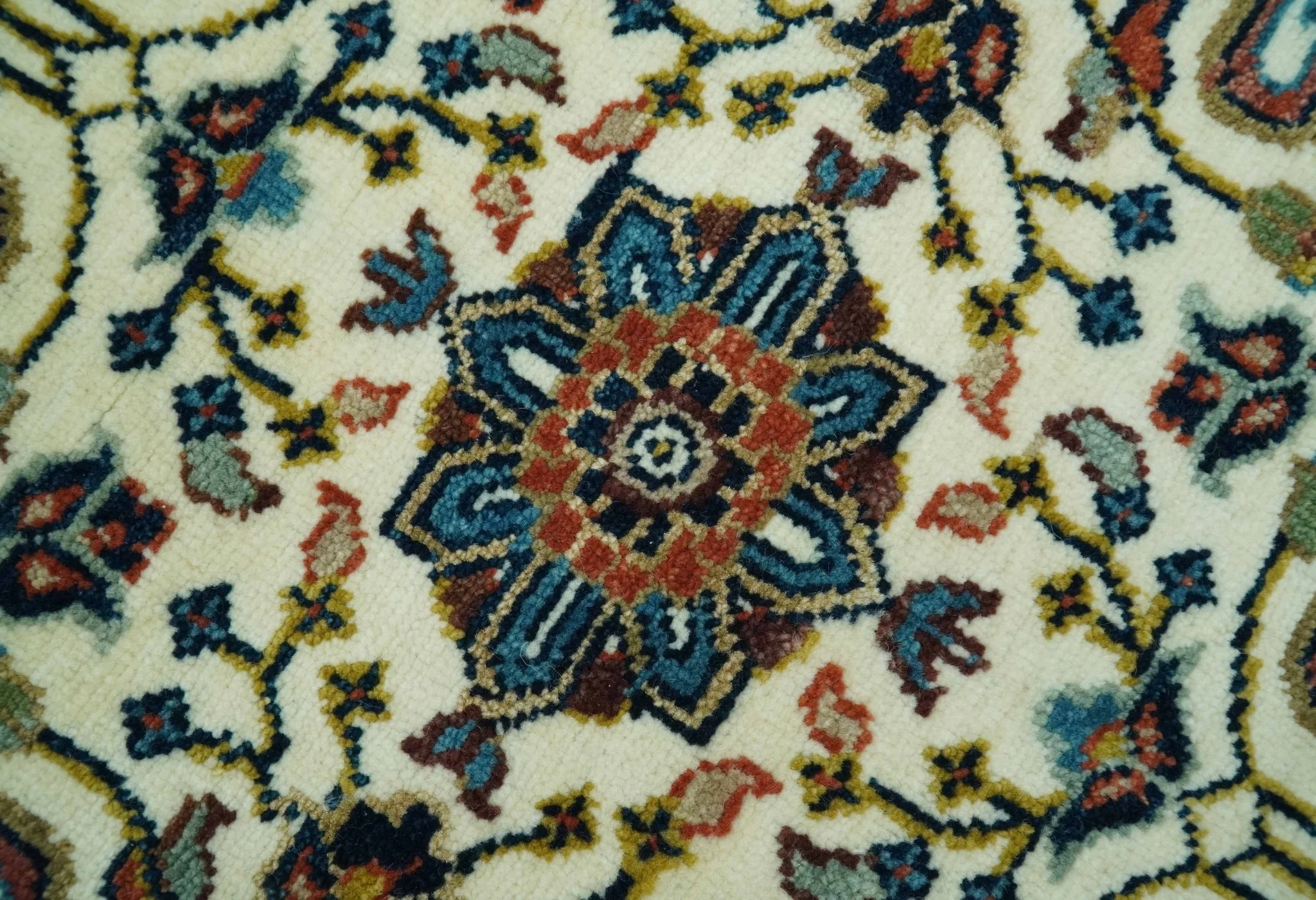 Premium Fine Hand Knotted Floral Rust, Ivory and Blue Traditional Heriz 8x10 wool area rug - Image 4