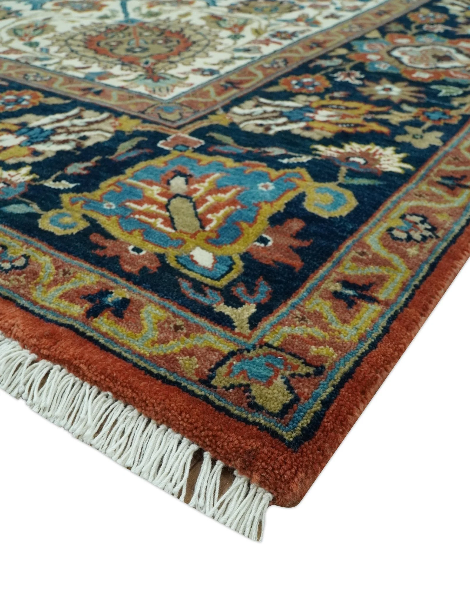 Premium Fine Hand Knotted Floral Rust, Ivory and Blue Traditional Heriz 8x10 wool area rug - Image 5