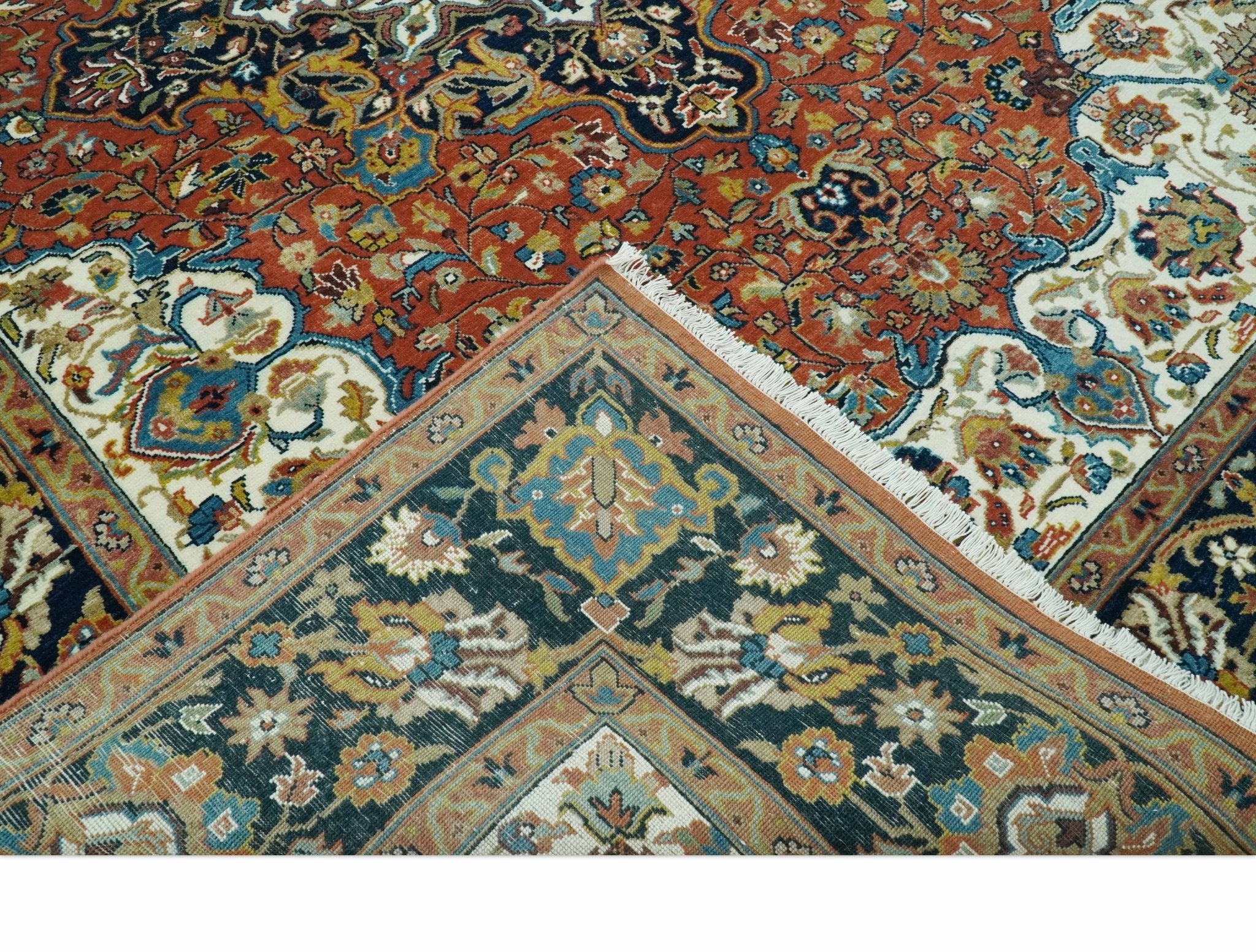 Premium Fine Hand Knotted Floral Rust, Ivory and Blue Traditional Heriz 8x10 wool area rug - Image 6