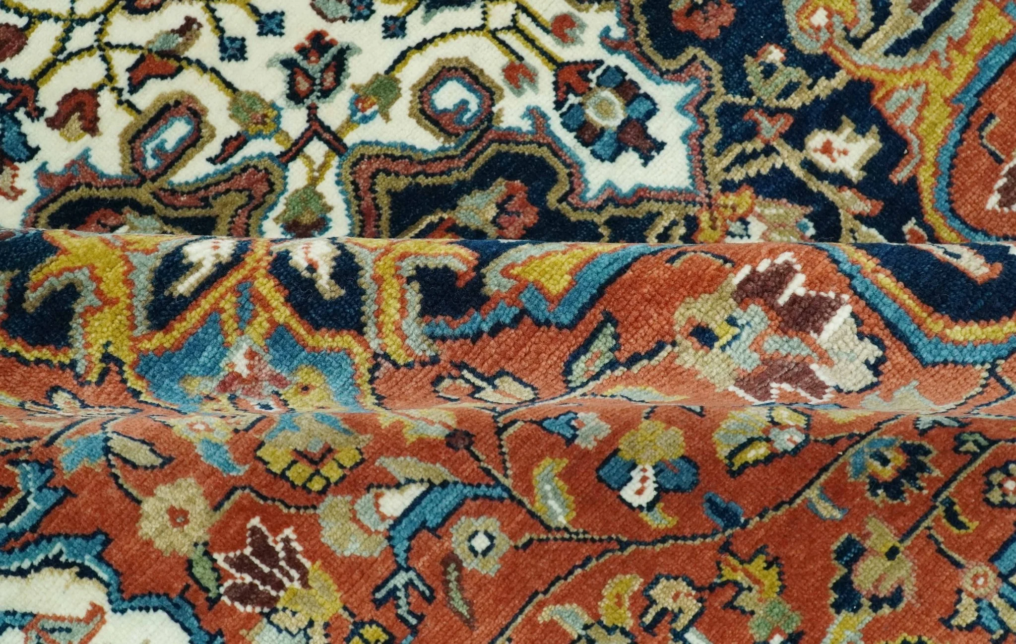 Premium Fine Hand Knotted Floral Rust, Ivory and Blue Traditional Heriz 8x10 wool area rug - Image 7