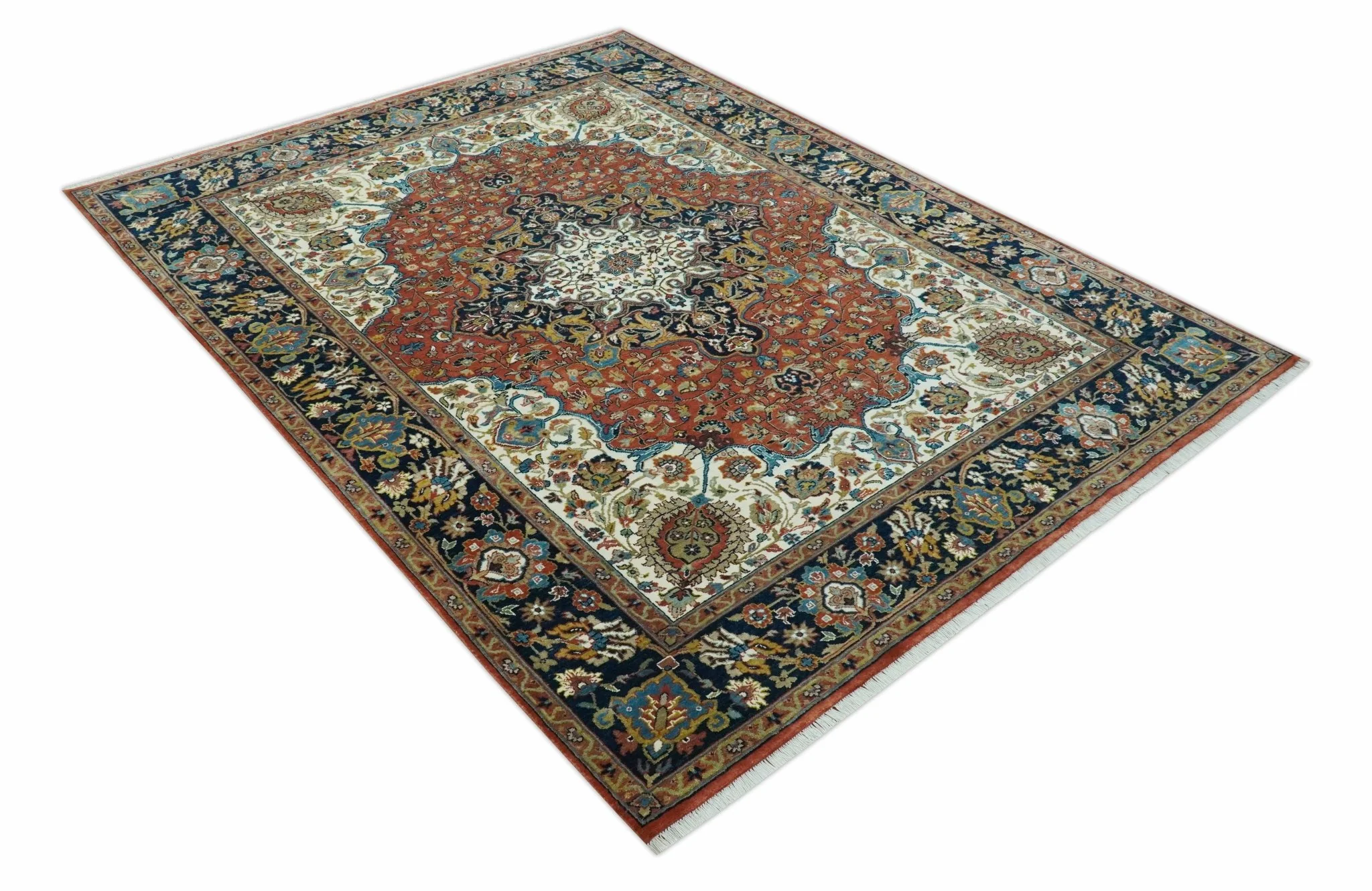 Premium Fine Hand Knotted Floral Rust, Ivory and Blue Traditional Heriz 8x10 wool area rug - Image 9