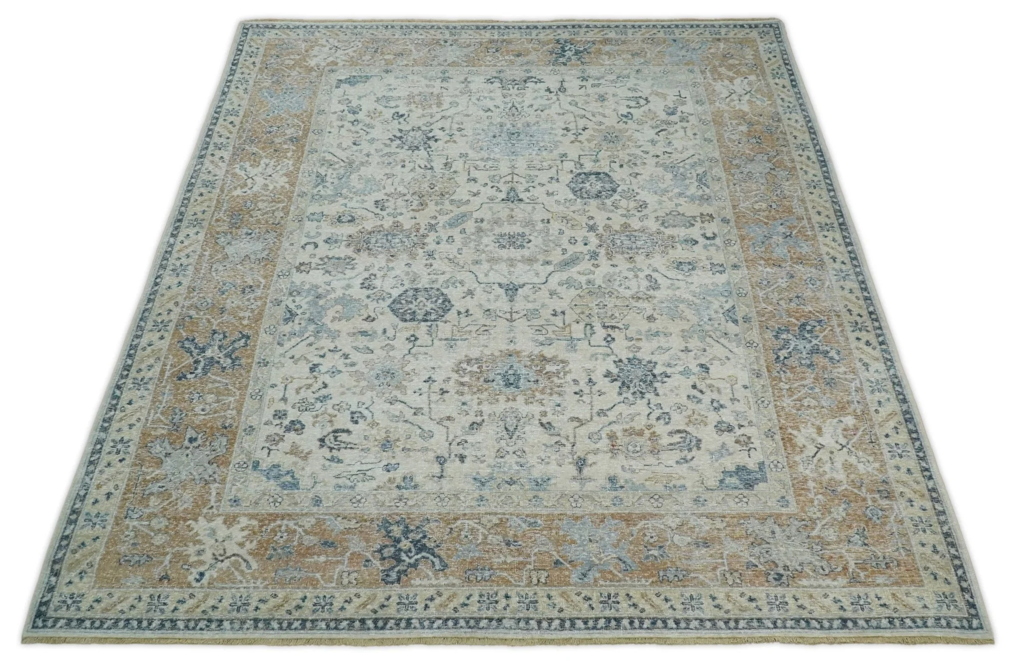 Vintage Style Ivory and Rust Traditional Oxidized Textured Low Pile Multi Size Wool Rug - Image 12