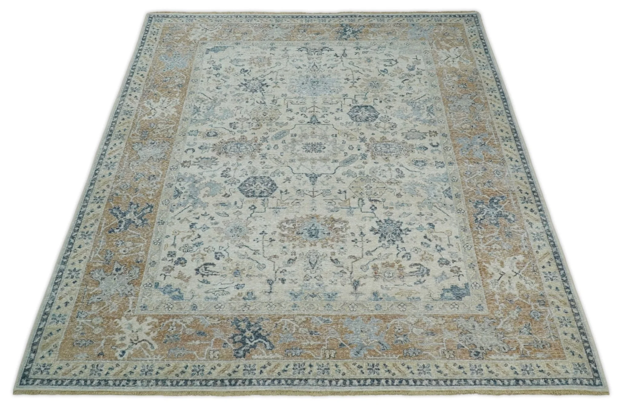 Vintage Style Ivory and Rust 8x10 Traditional Textured Low Pile Wool Rug - Image 12
