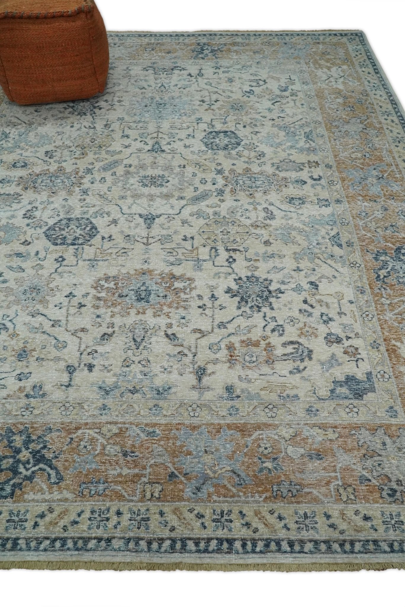 Vintage Style Ivory and Rust 8x10 Traditional Textured Low Pile Wool Rug - Image 2