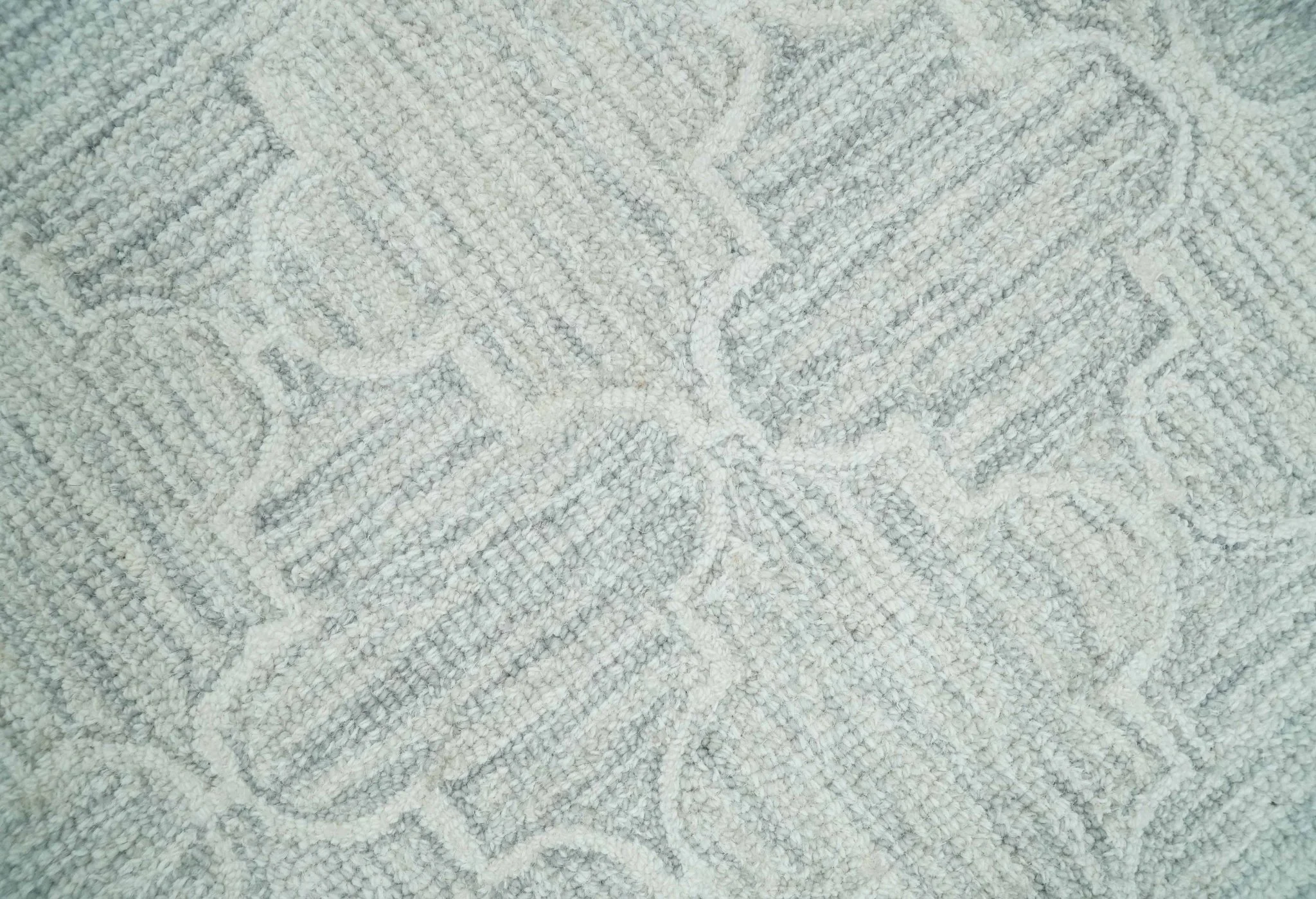 Custom Made Ivory and Silver Modern Geometric Hand Tufted Natural Wool Area Rug - Image 2