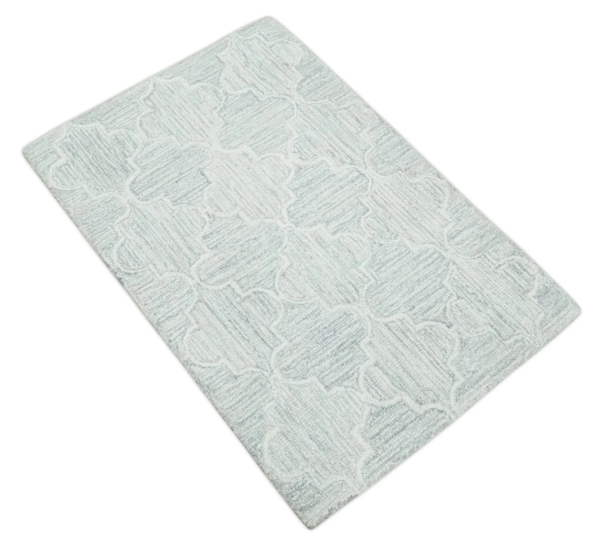 Custom Made Ivory and Silver Modern Geometric Hand Tufted Natural Wool Area Rug - Image 6