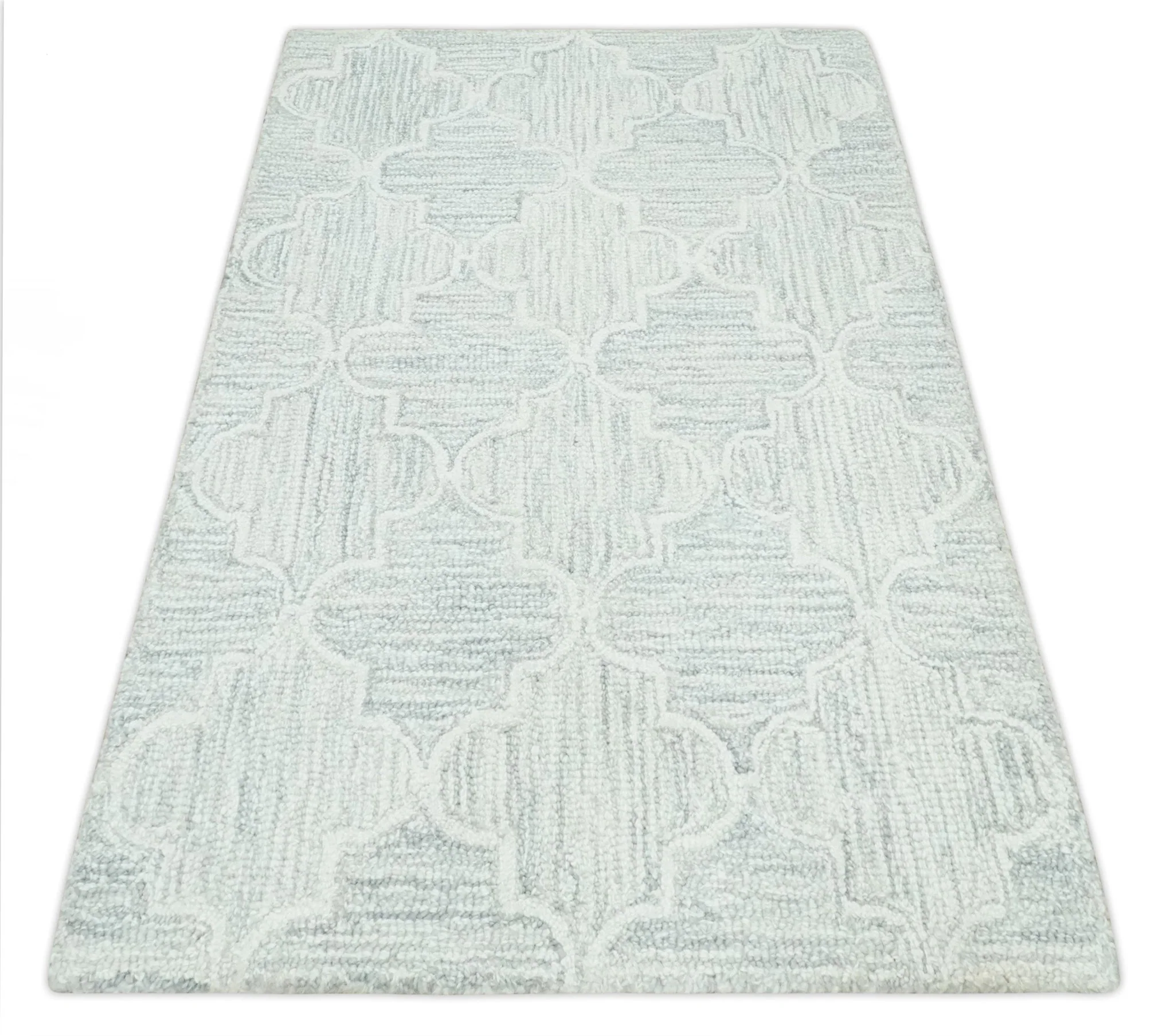 Custom Made Ivory and Silver Modern Geometric Hand Tufted Natural Wool Area Rug - Image 7