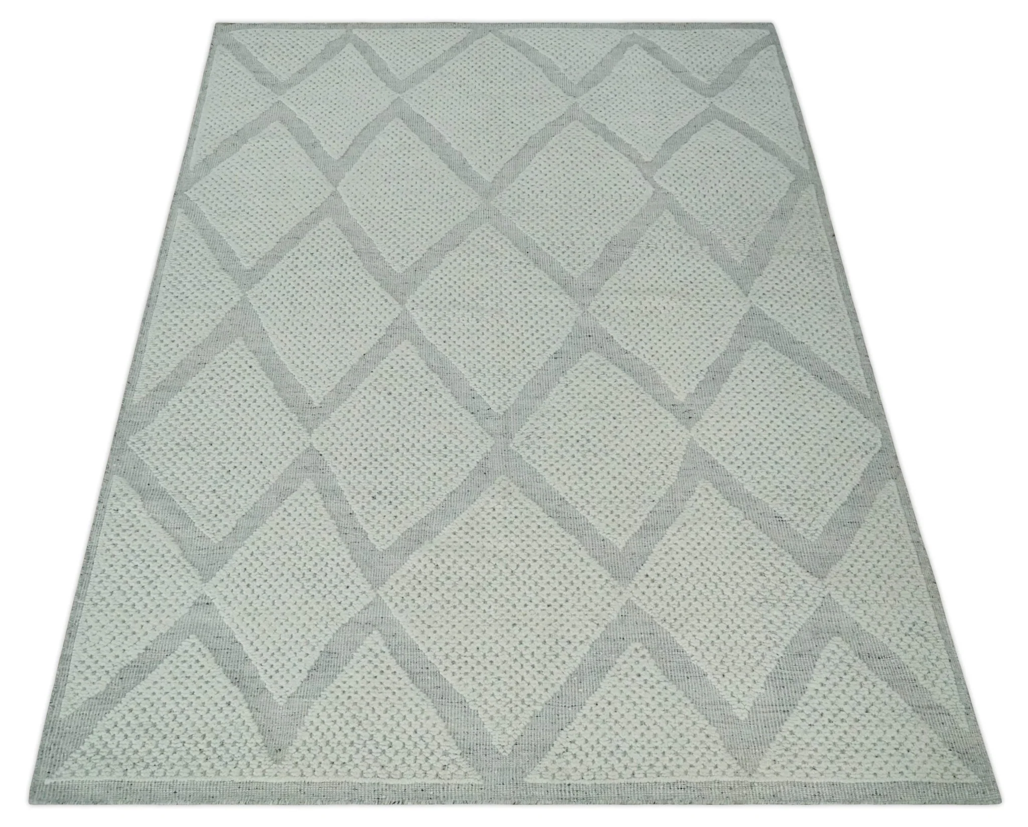 Contemporary 8x10 Ivory and Silver Traditional Geometrical Pattern Hand Knotted Wool Area Rug - Image 10