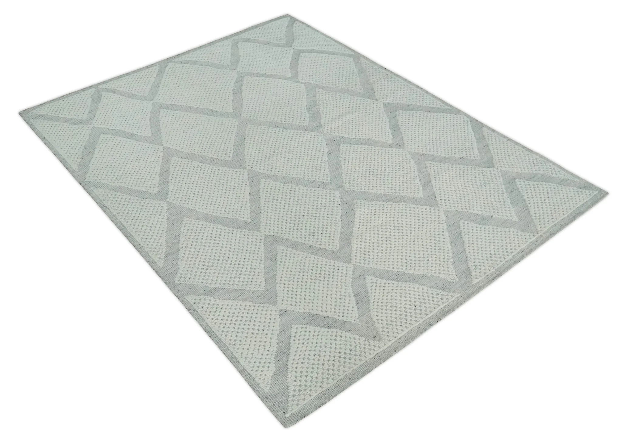 Contemporary 8x10 Ivory and Silver Traditional Geometrical Pattern Hand Knotted Wool Area Rug - Image 9