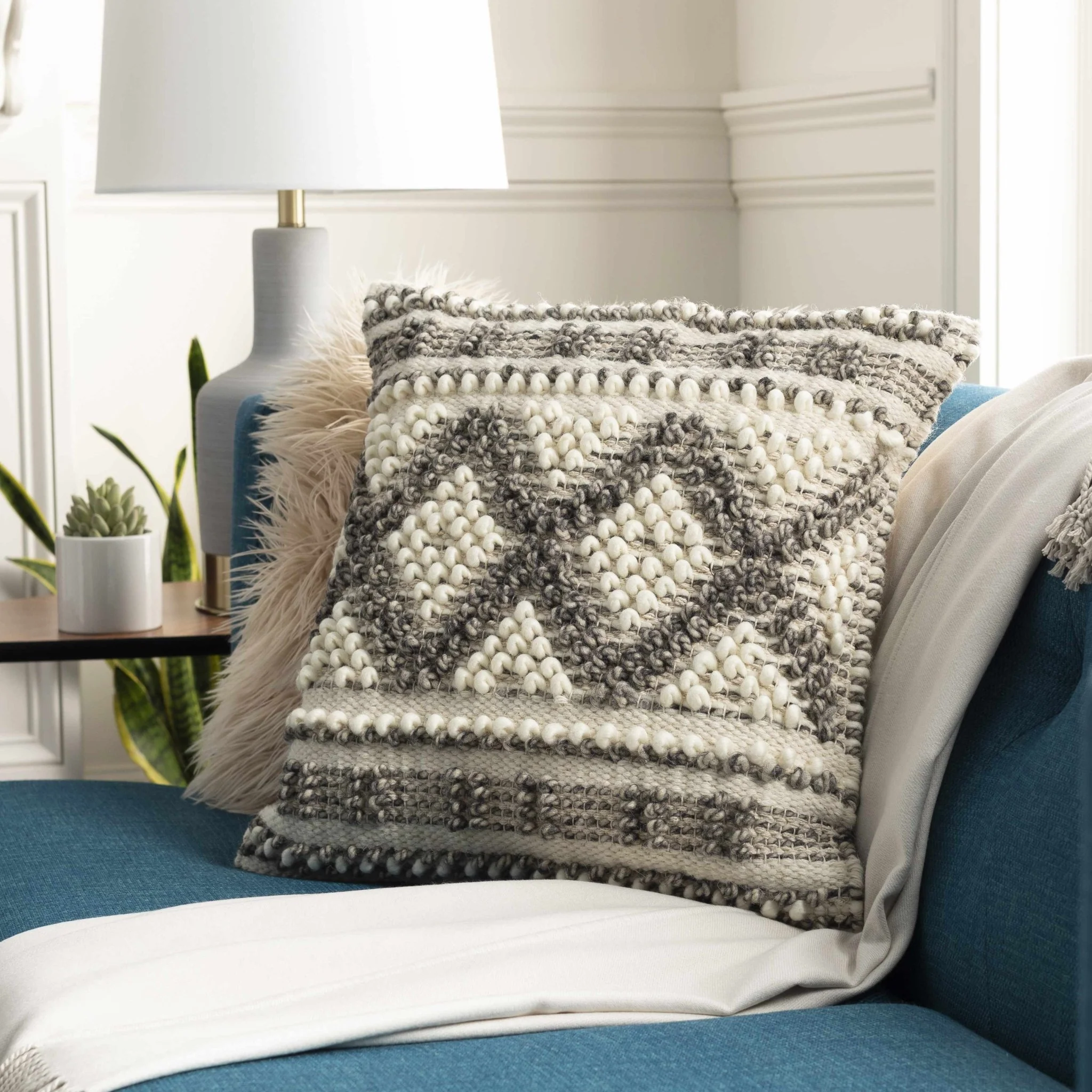 Hand Woven Ivory and Taupe Geometrical Trellis Design Square Throw Pillow - Image 2