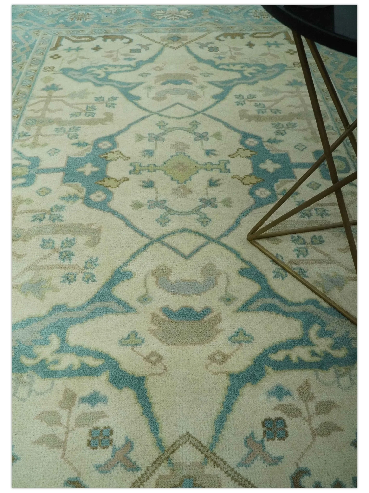 Ivory and Teal Hand Knotted 6x9 Traditional Oriental Oushak wool rug - Image 2