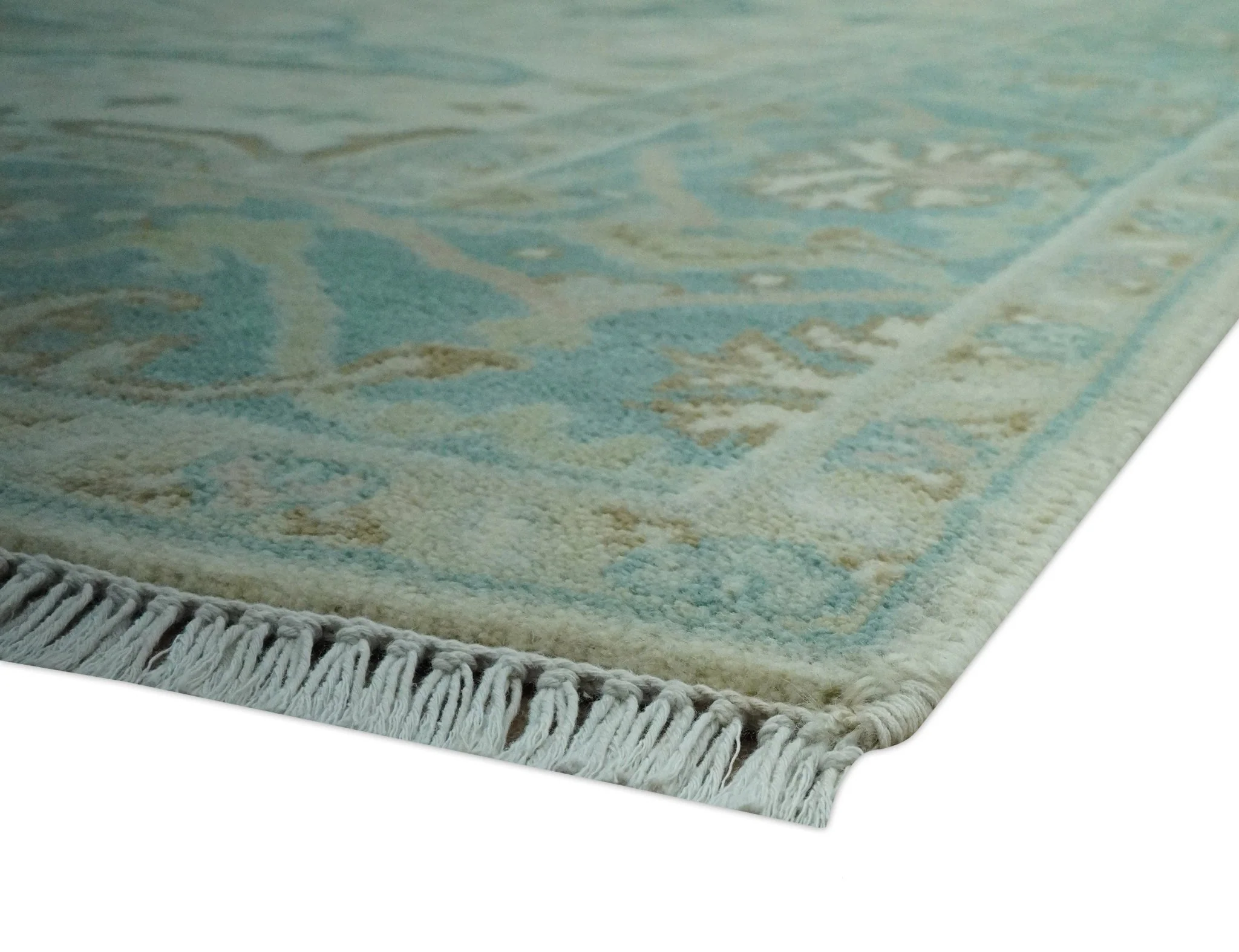 Ivory and Teal Hand Knotted 6x9 Traditional Oriental Oushak wool rug - Image 5