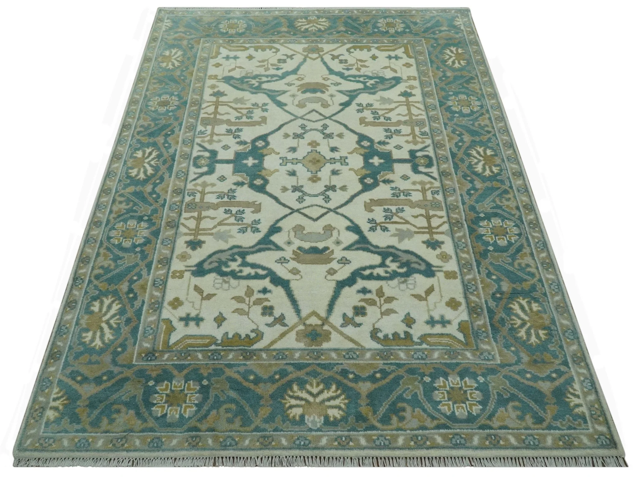 Ivory and Teal Hand Knotted Traditional Oriental Oushak Multi size wool area rug - Image 10