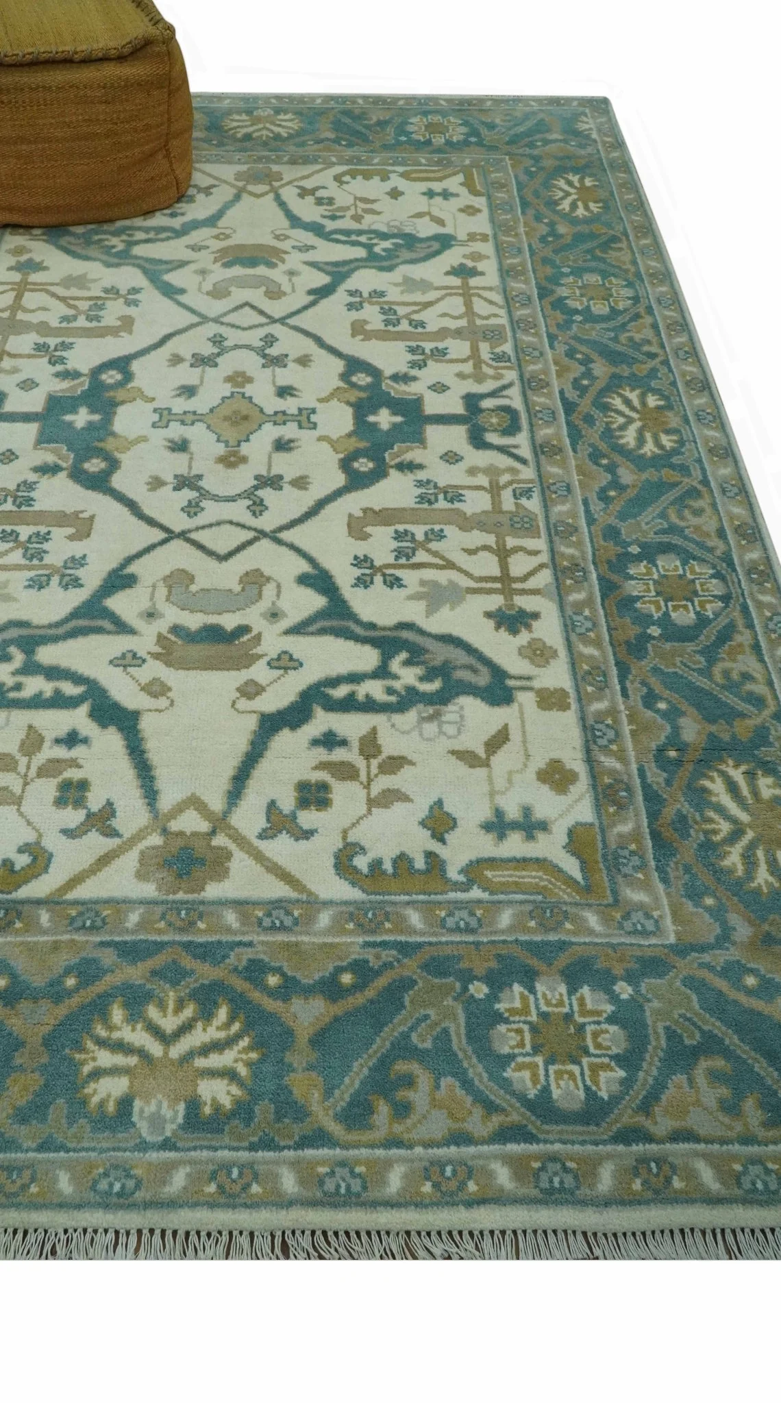 Ivory and Teal Hand Knotted Traditional Oriental Oushak Multi size wool area rug - Image 3
