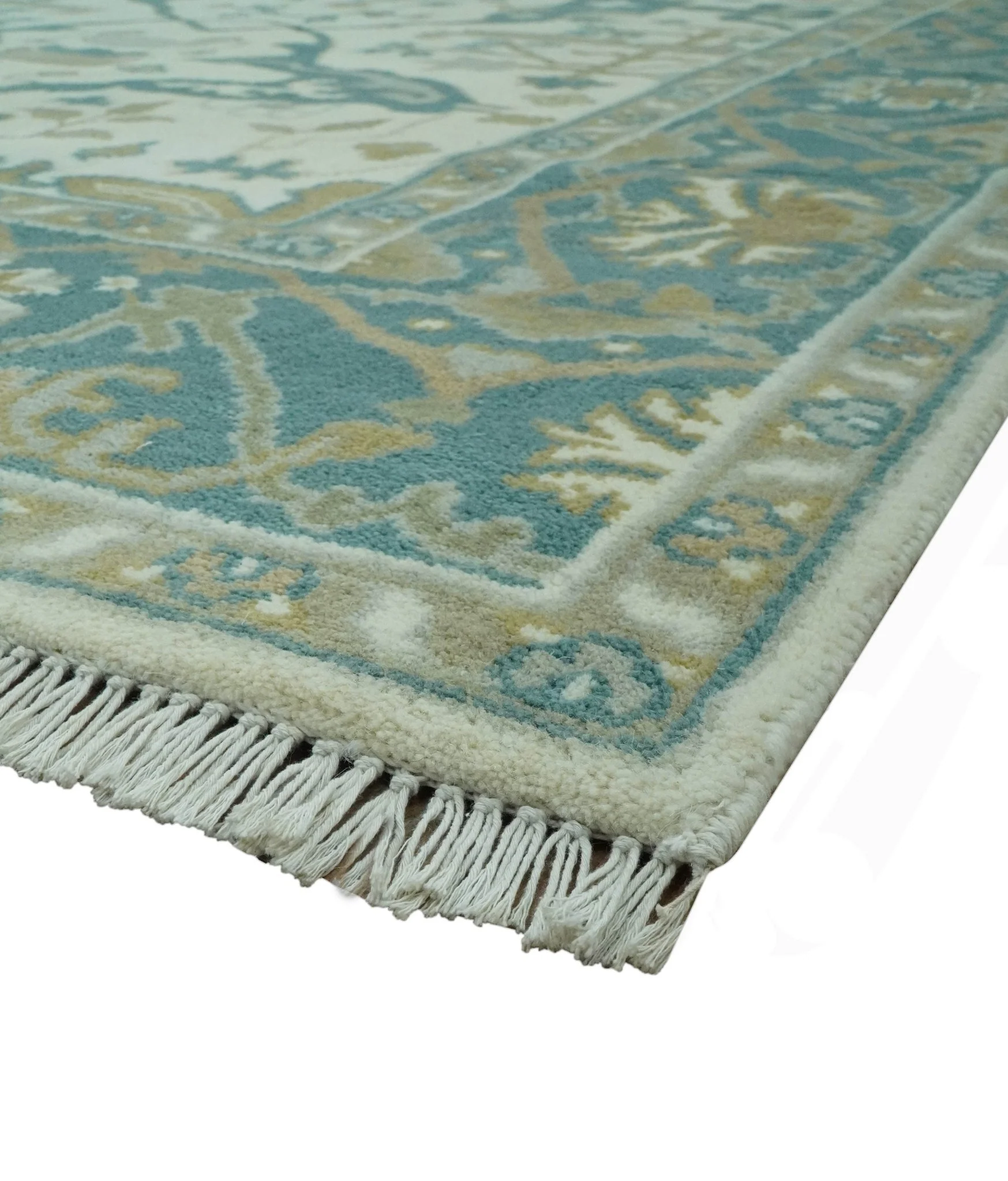 Ivory and Teal Hand Knotted Traditional Oriental Oushak Multi size wool area rug - Image 5