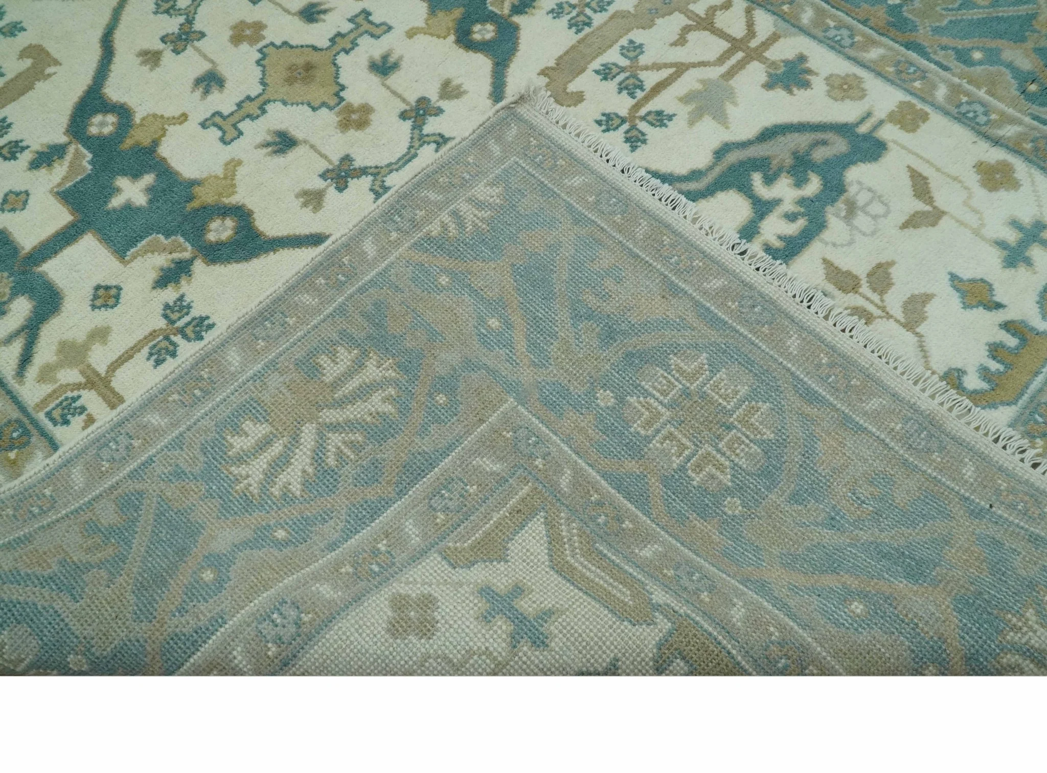 Ivory and Teal Hand Knotted Traditional Oriental Oushak Multi size wool area rug - Image 7