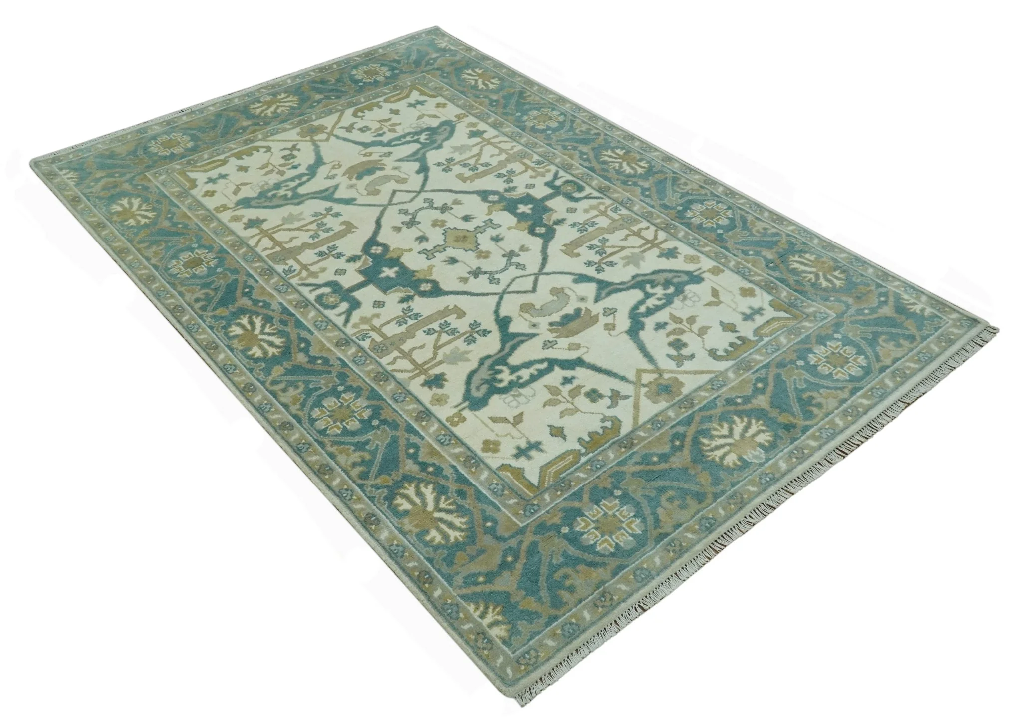Ivory and Teal Hand Knotted Traditional Oriental Oushak Multi size wool area rug - Image 9