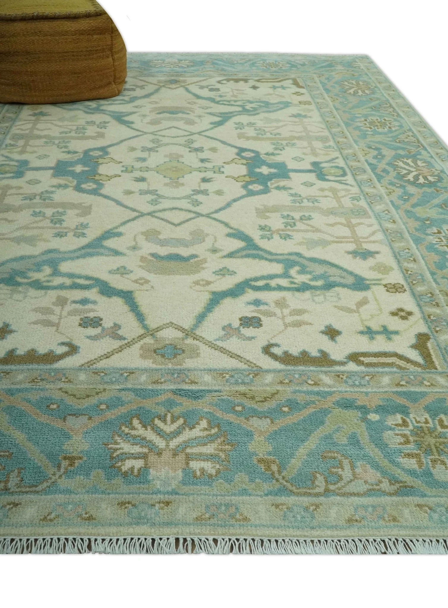 Custom Made Ivory and Teal Hand Knotted Traditional Oriental Oushak wool rug - Image 3