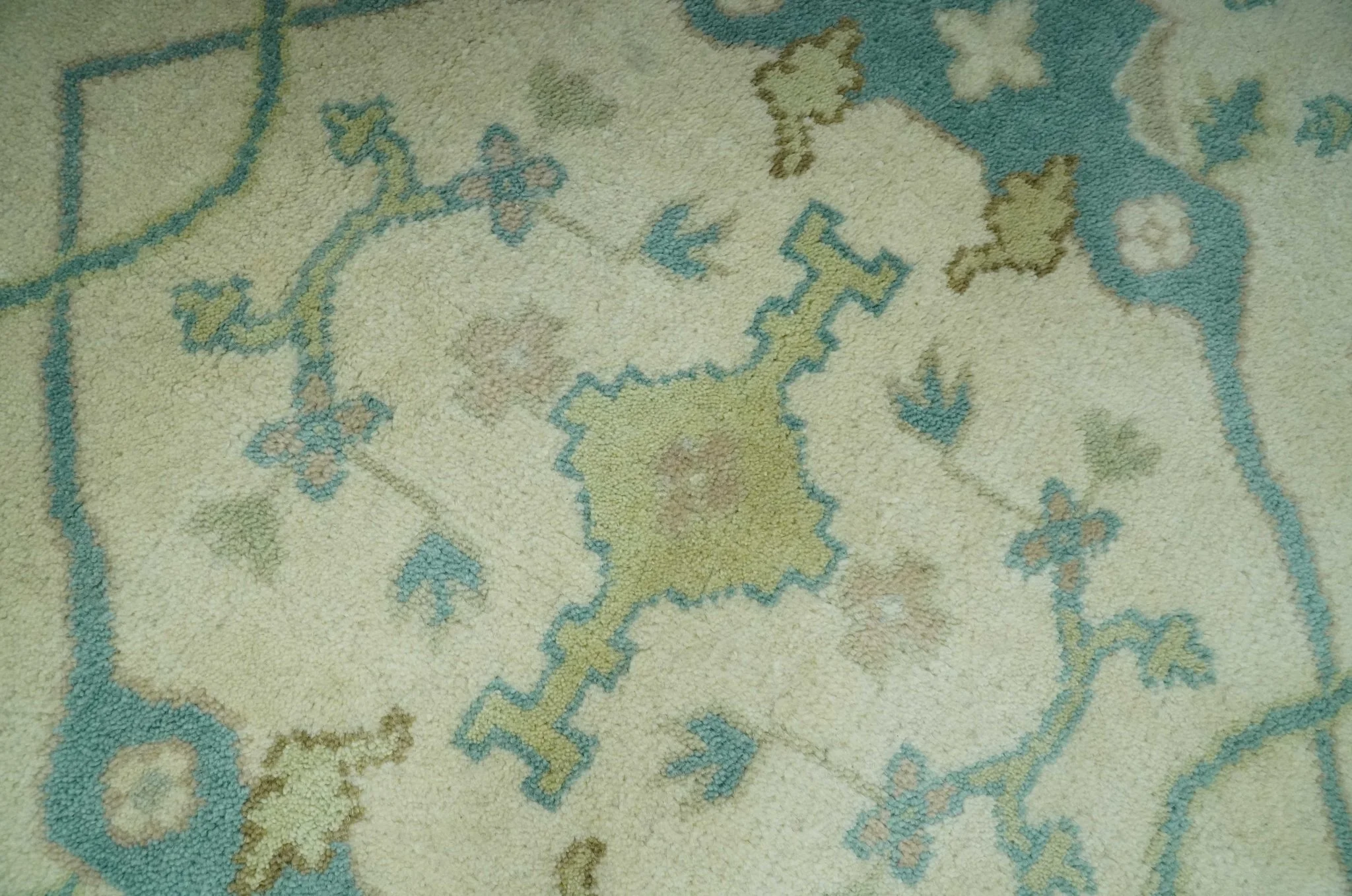 Custom Made Ivory and Teal Hand Knotted Traditional Oriental Oushak wool rug - Image 4