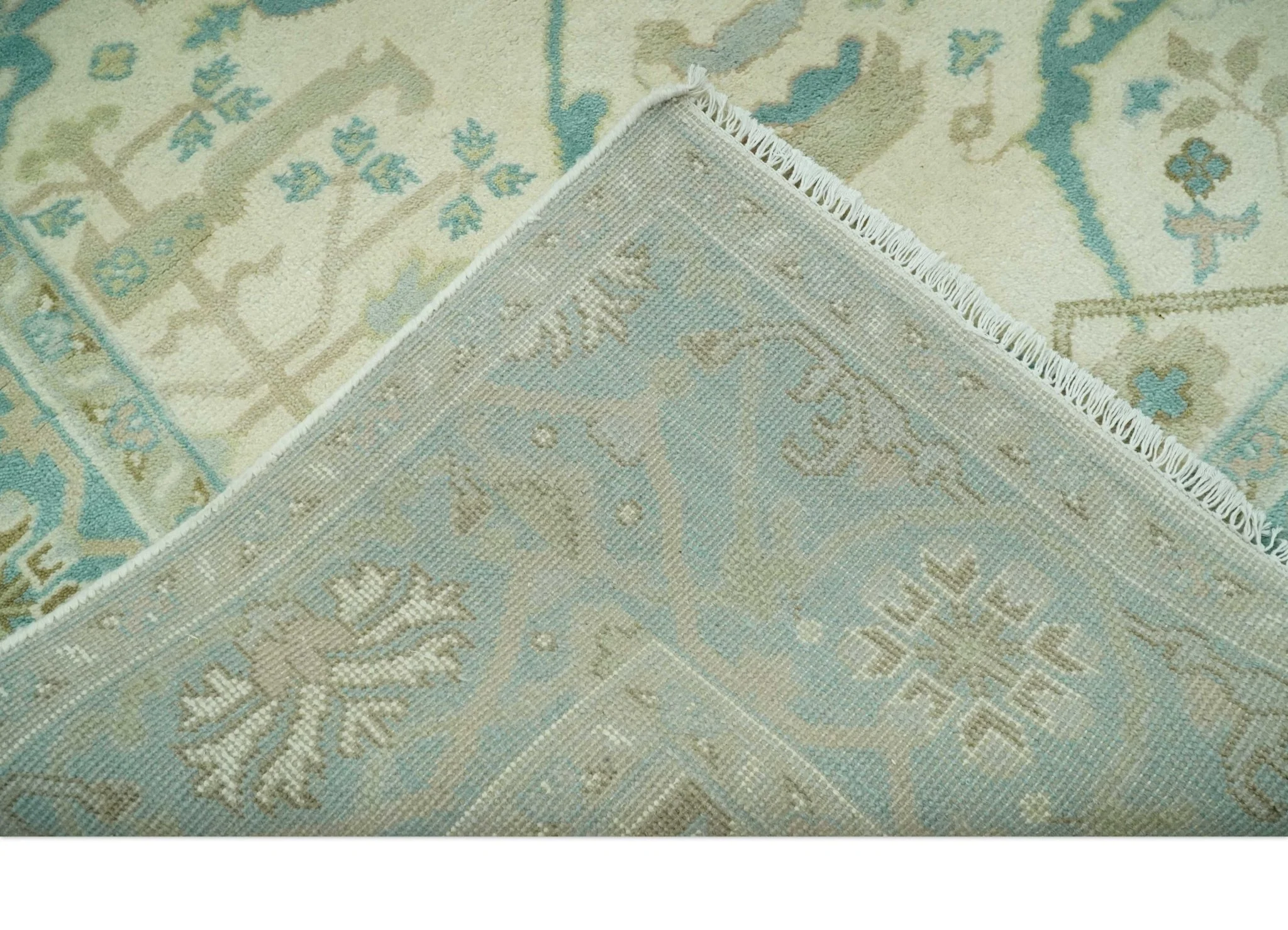 Custom Made Ivory and Teal Hand Knotted Traditional Oriental Oushak wool rug - Image 6