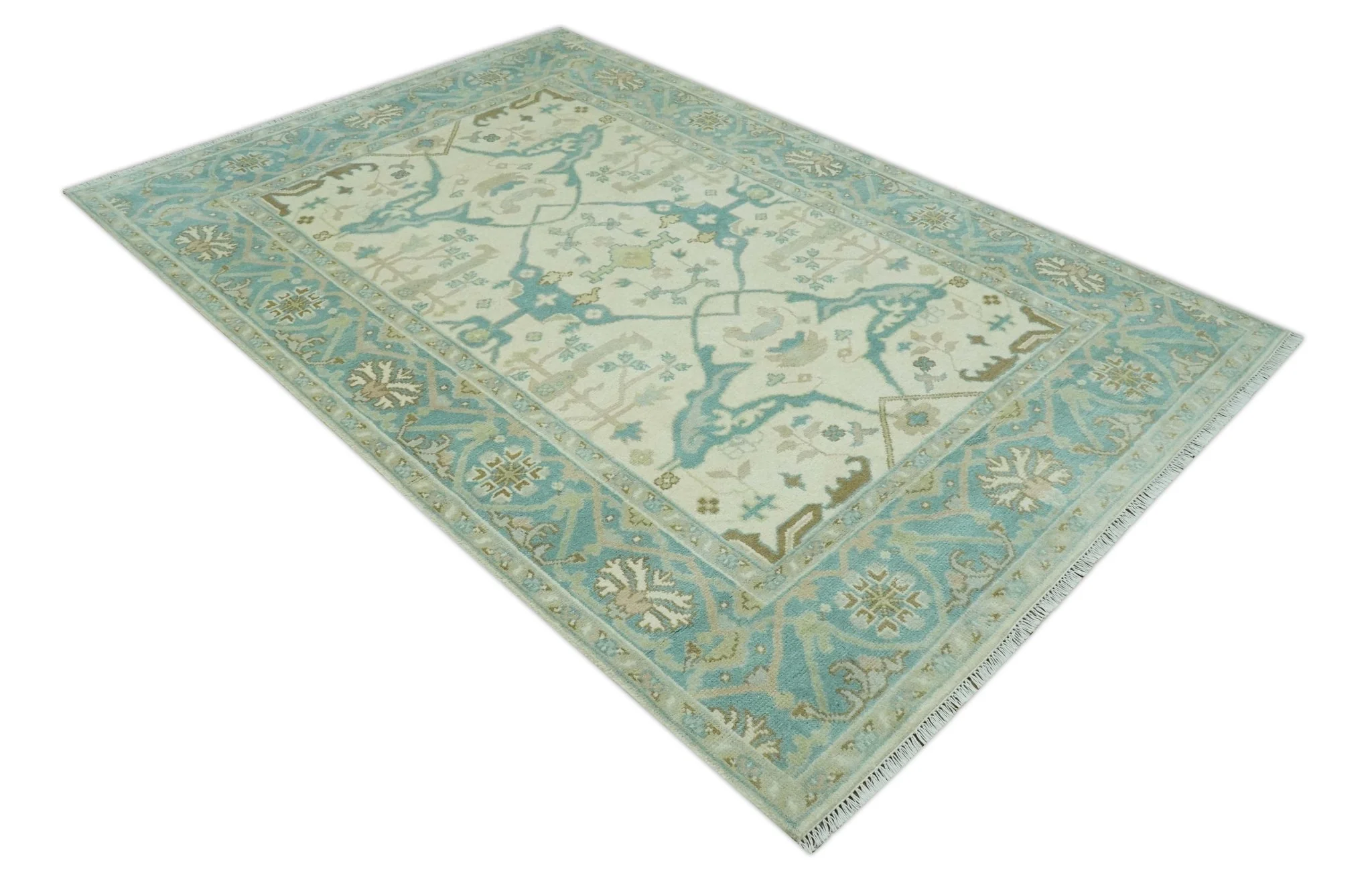 Custom Made Ivory and Teal Hand Knotted Traditional Oriental Oushak wool rug - Image 8