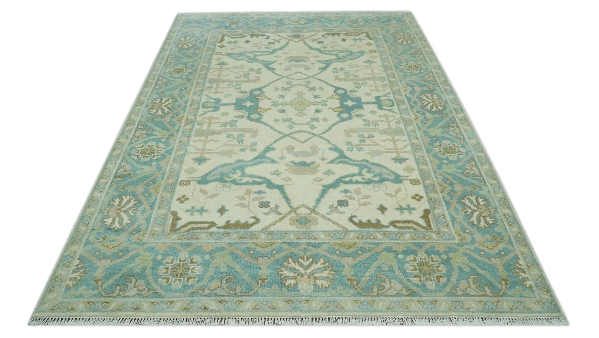 Custom Made Ivory and Teal Hand Knotted Traditional Oriental Oushak wool rug - Image 9