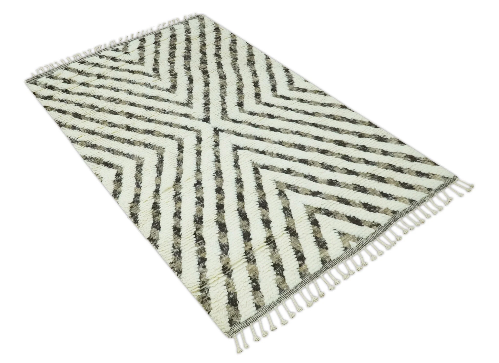 Ivory, Beige and Charcoal Modern Stripes Plush Pile Moroccan Style Hand knotted 5x8 wool Area Rug - Image 11