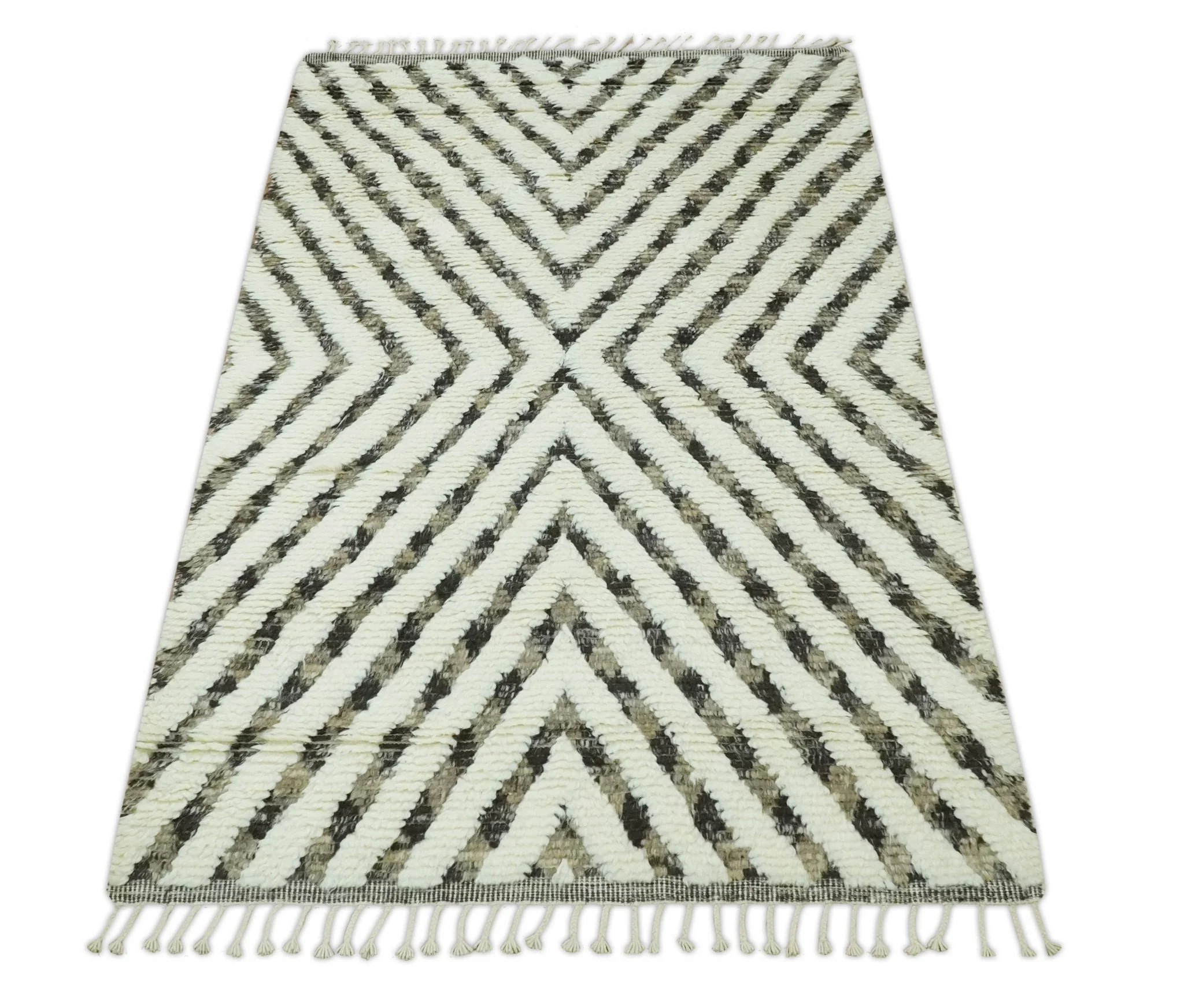 Ivory, Beige and Charcoal Modern Stripes Plush Pile Moroccan Style Hand knotted 5x8 wool Area Rug - Image 12