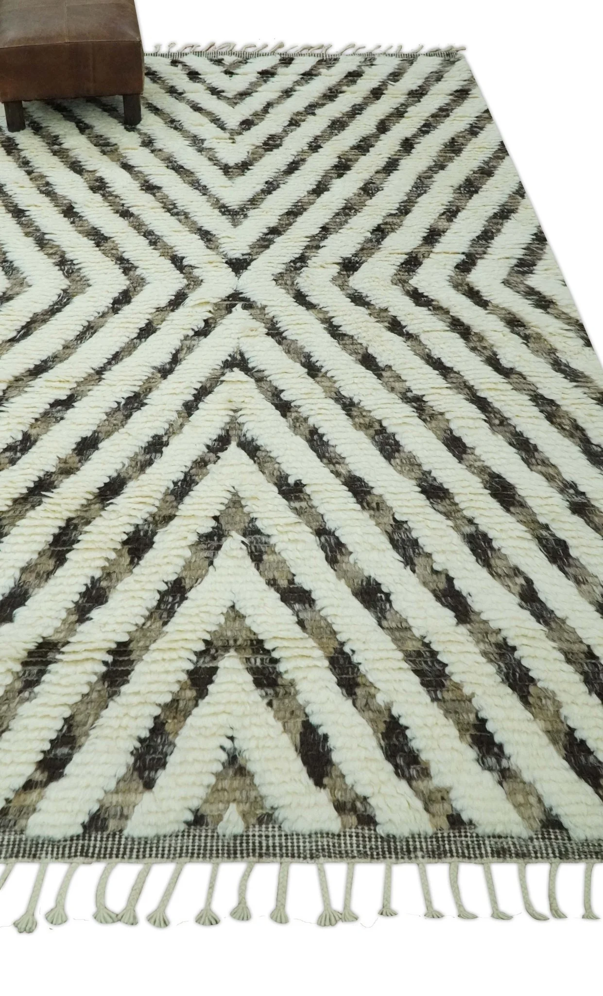 Ivory, Beige and Charcoal Modern Stripes Plush Pile Moroccan Style Hand knotted 5x8 wool Area Rug - Image 4