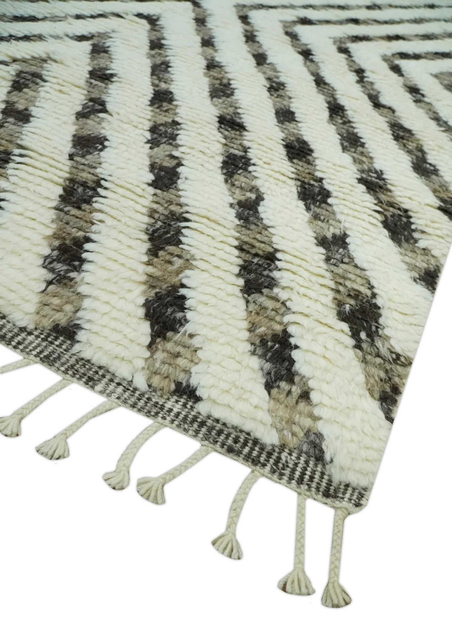 Ivory, Beige and Charcoal Modern Stripes Plush Pile Moroccan Style Hand knotted 5x8 wool Area Rug - Image 6